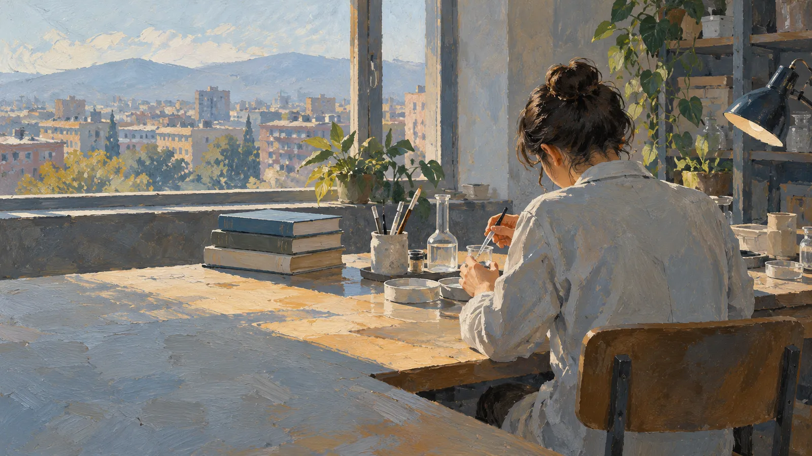 Painterly illustration of a person in a white coat working with a brush and small containers at a sunlit table, with books, plants and a city and mountains visible through the window. SI illustration