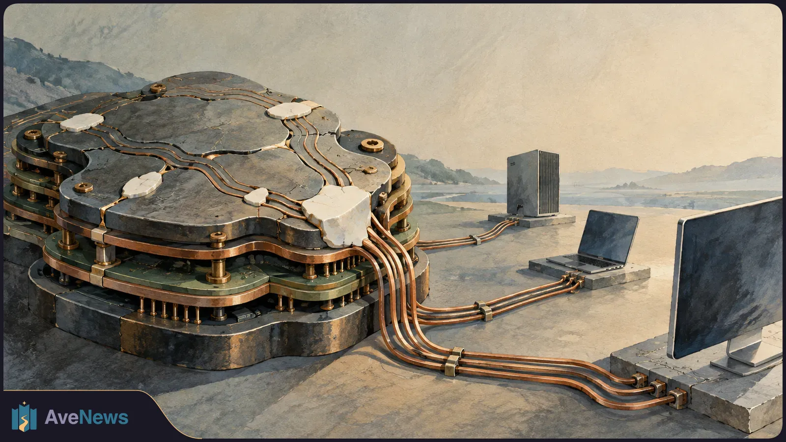 Painterly illustration of a layered metal circuit module, with copper cables connecting it to a laptop, computer tower and monitor in a pale mountain landscape. SI illustration