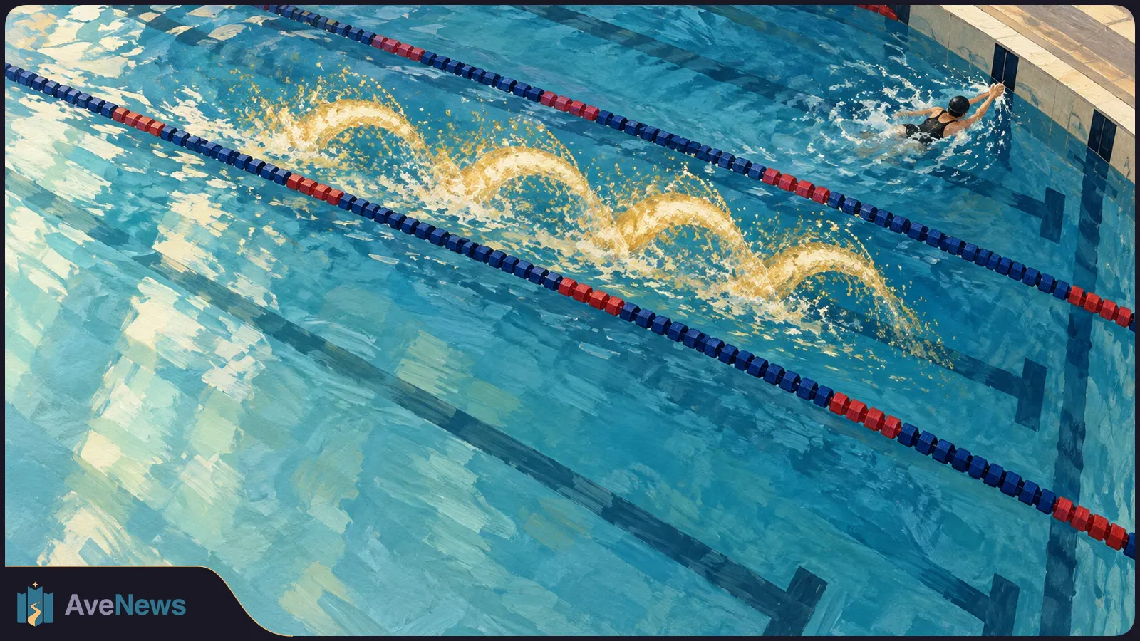 Painterly overhead view of a swimmer reaching the pool wall, with red-and-blue lane ropes and four golden arcs of splashing water. SI illustration