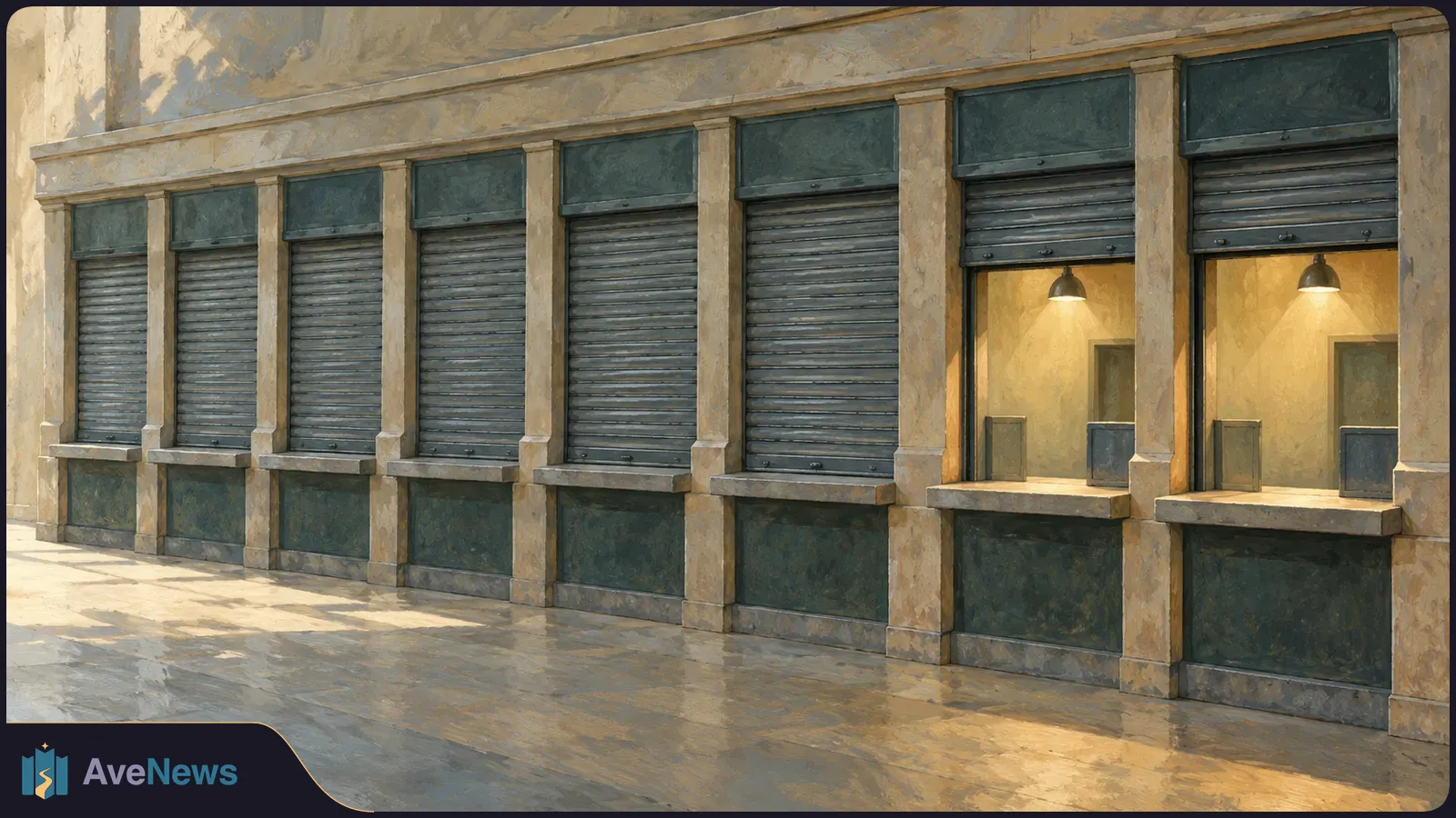 Painted row of service windows: six have closed metal shutters, while two are open and lit by hanging lamps. No people or signs are visible. SI illustration