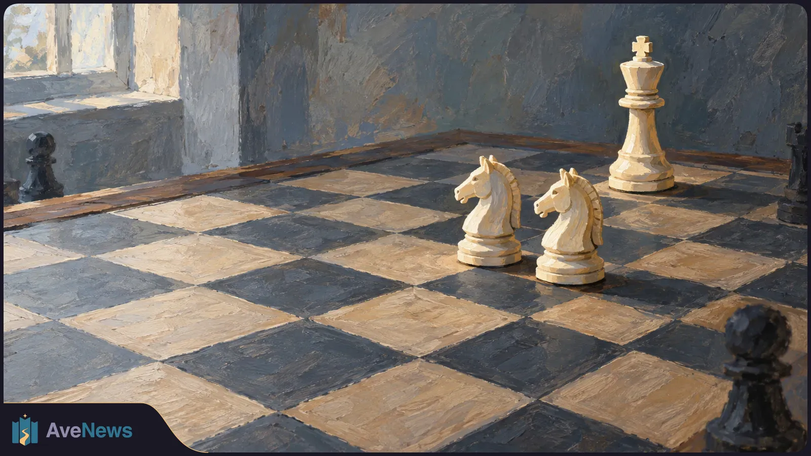 Painterly chessboard by a sunlit window, with two white knights and a white king among dark pieces at the edges. SI illustration