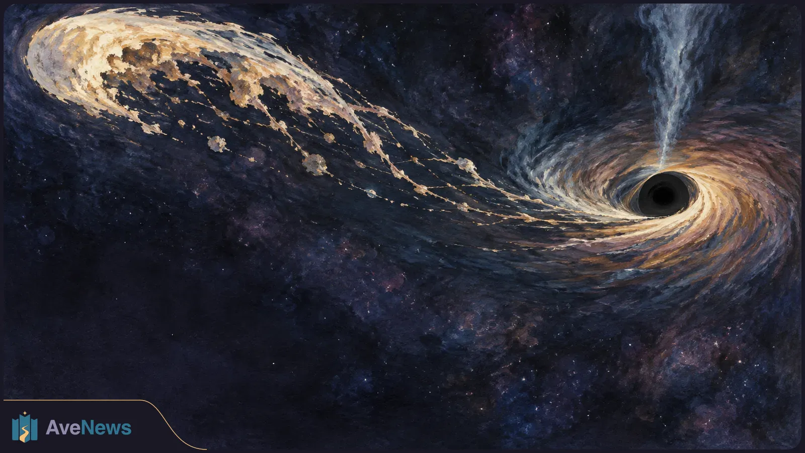 Painted space scene with a dark circular black hole, golden streams spiraling toward it, and scattered stars against a deep blue background. SI illustration