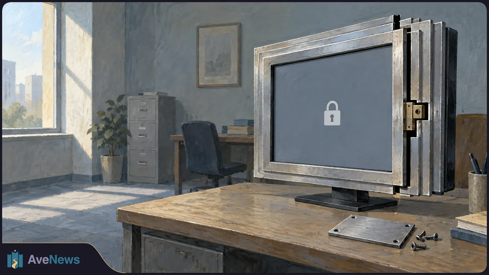 Painterly office scene with a thick metal-framed monitor showing a white padlock symbol. A metal plate and loose screws lie on the desk. SI illustration