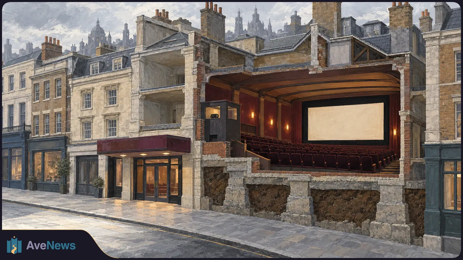 Painted cutaway of a city street building revealing a cinema auditorium with rows of red seats facing a blank screen. SI illustration