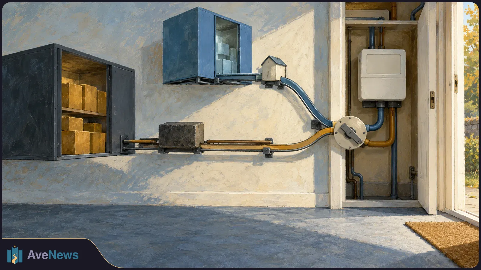 Painted utility scene with two wall cabinets linked by blue and gold conduits to a round switch and a white meter box beside an open doorway. SI illustration