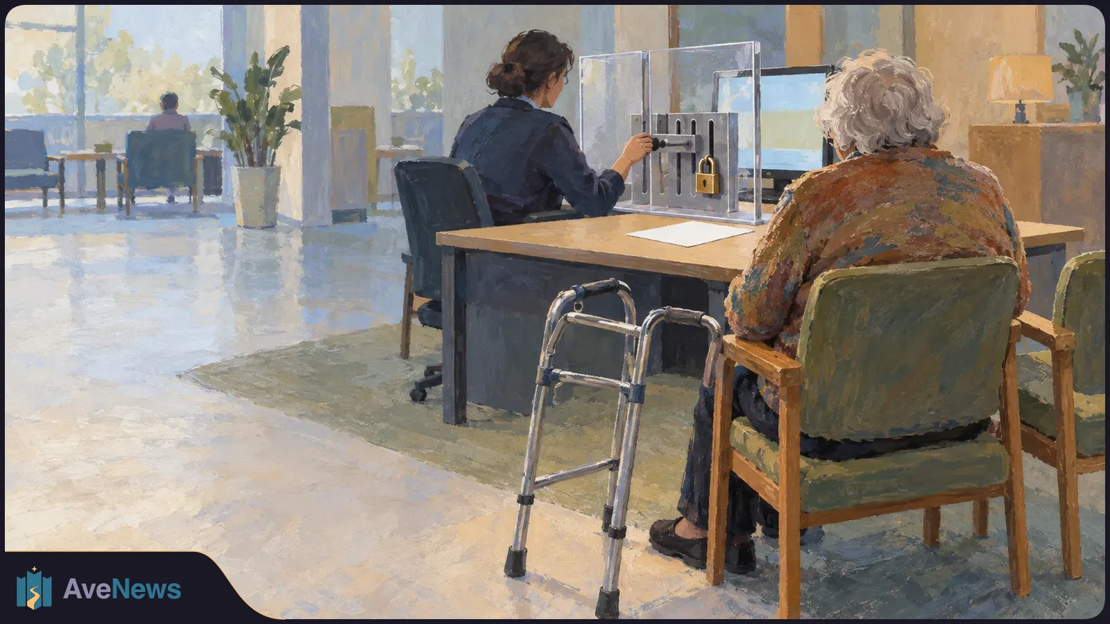 Painterly illustration of an older person seated across a desk from a worker, who reaches toward a slotted box behind a clear screen. A walker stands beside the desk. SI illustration