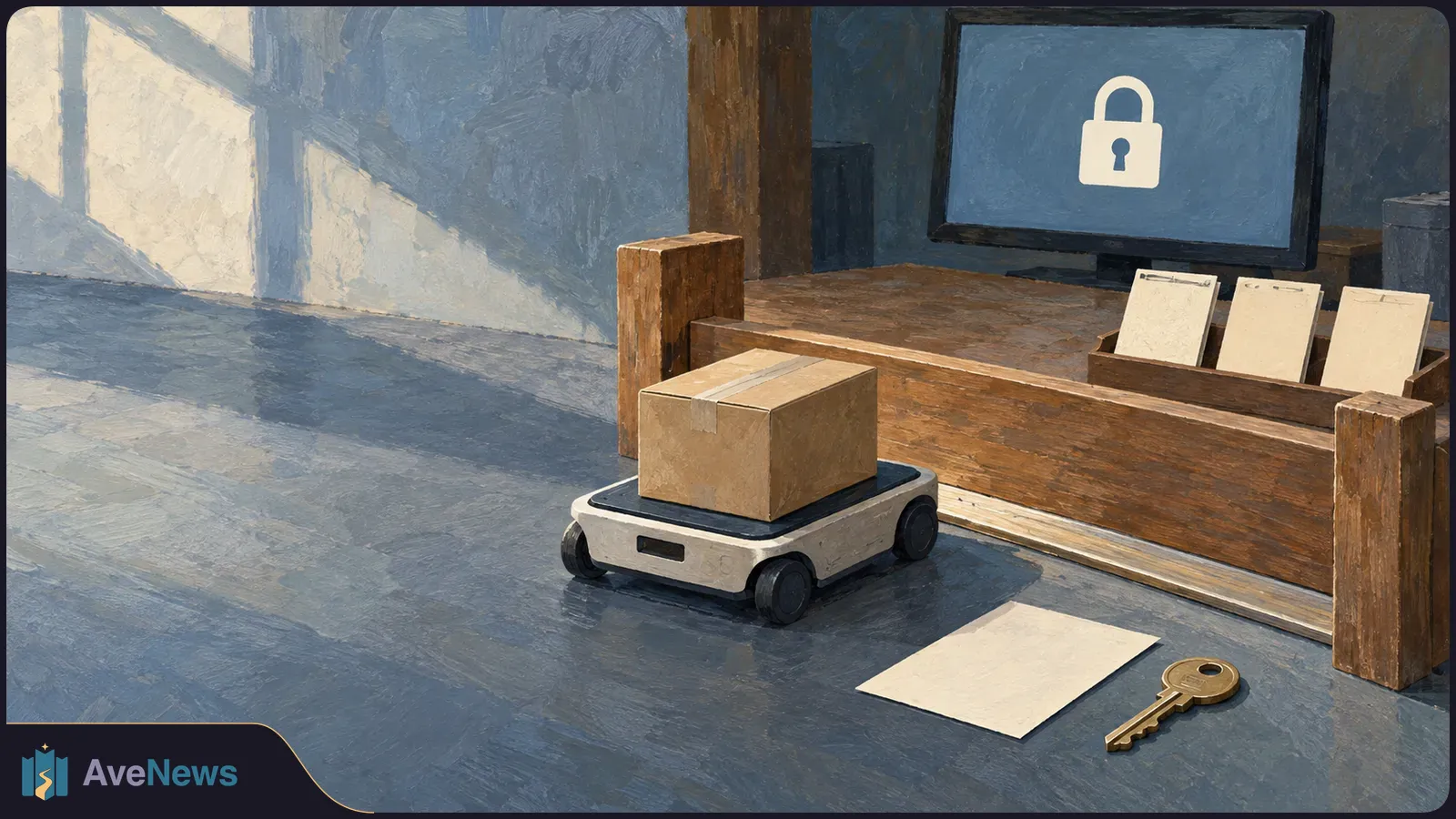 A painted scene of a small wheeled robot carrying a cardboard box toward a counter. A padlock symbol fills a screen behind it, with a key and blank sheet in the foreground. SI illustration