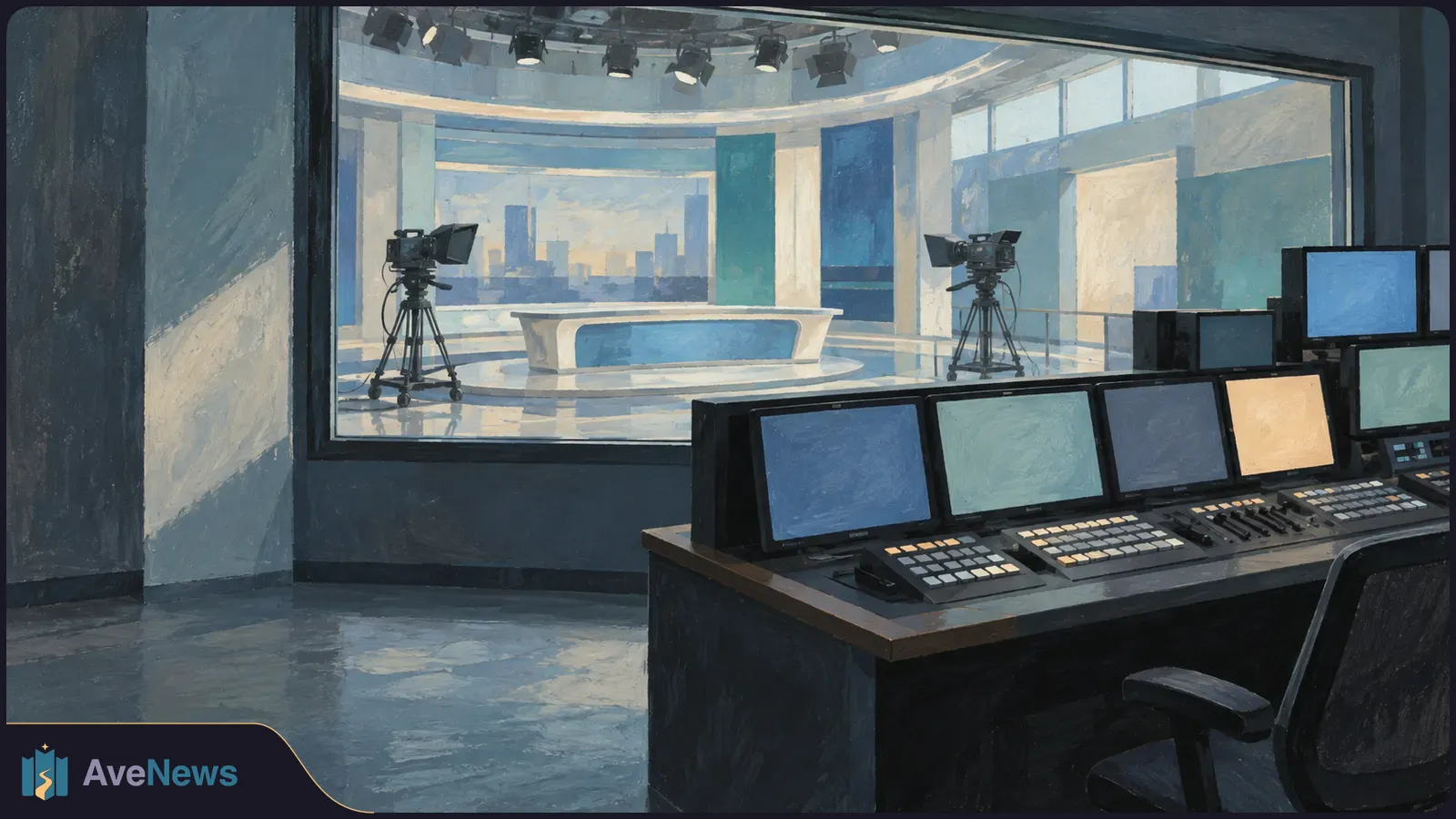 Painted view from a control room: blank monitors and a mixing desk face a glass-walled TV studio with two cameras and an empty presenter’s desk. SI illustration