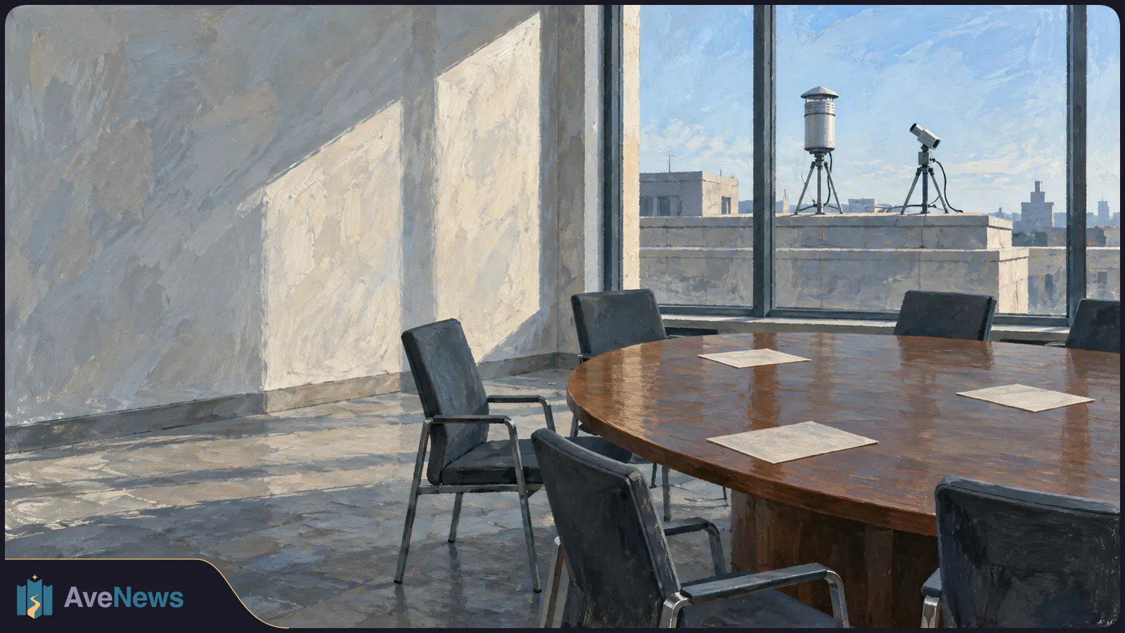 Painted illustration of an empty meeting room with chairs, a round table and blank sheets of paper. Two instruments on a nearby rooftop are visible through the windows. SI illustration