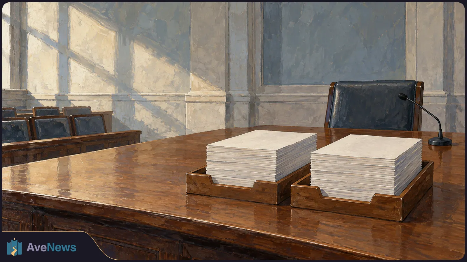 Painted scene of two stacks of blank paper in wooden trays on a large table, with an empty chair, microphone and rows of seats behind them. SI illustration