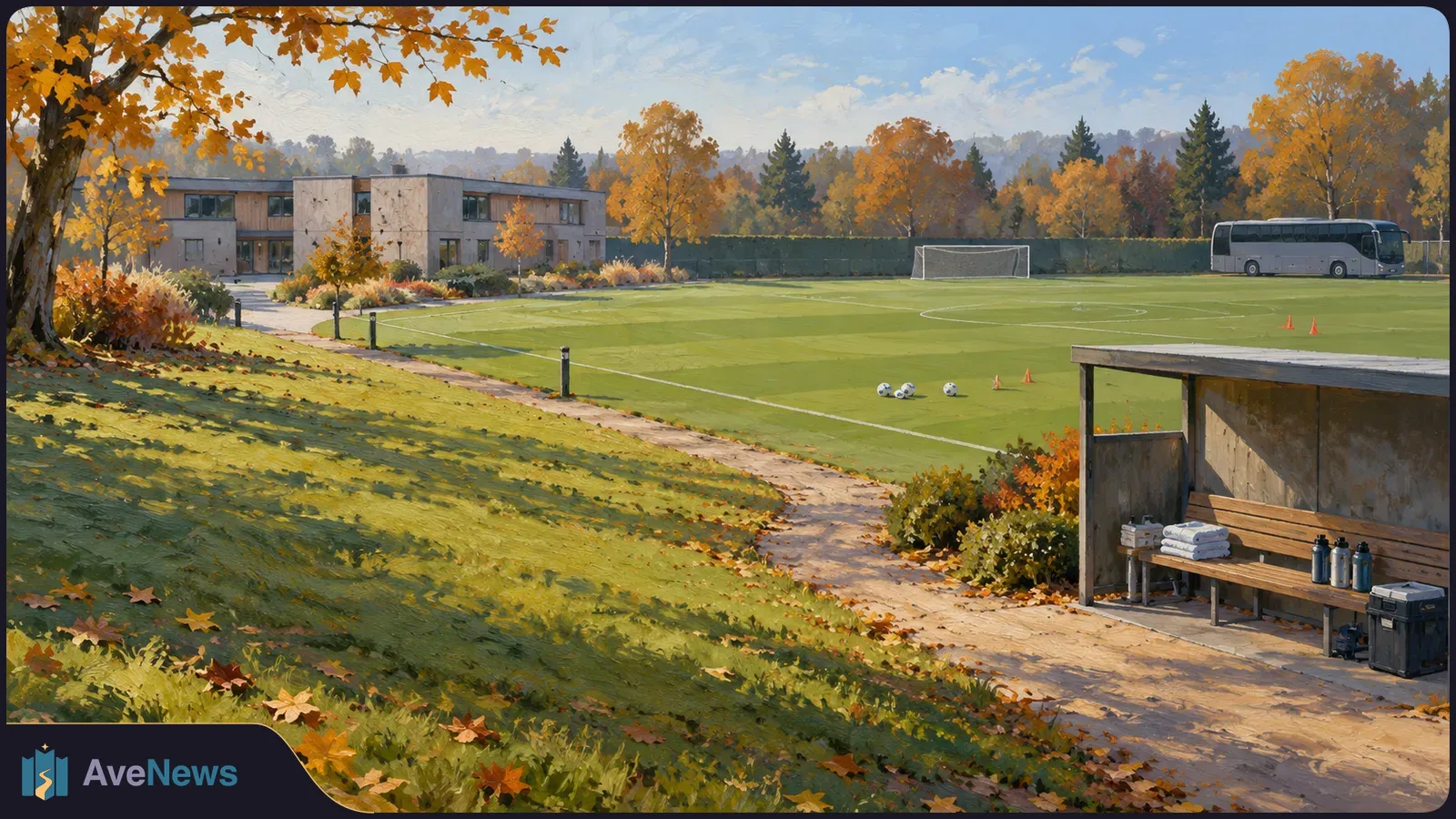 An autumn football pitch with a goal, balls and cones; a coach bus is parked beyond the field, and a bench shelter stands beside a leaf-strewn path. SI illustration