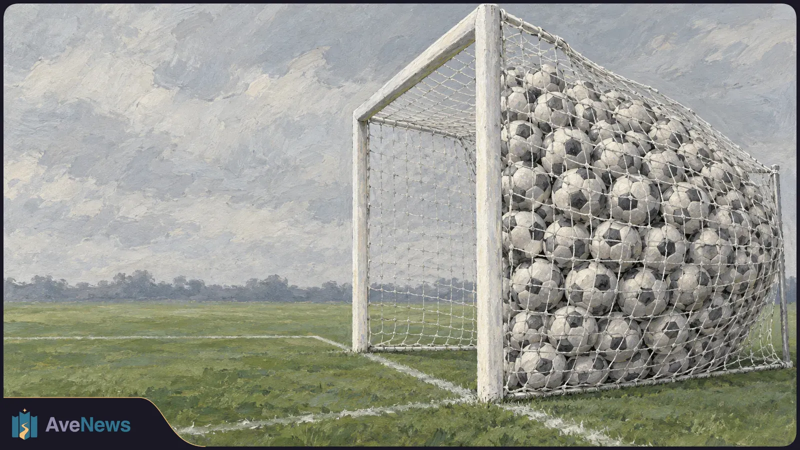Painted illustration of a soccer goal packed with black-and-white balls on a grassy field beneath a cloudy sky. SI illustration