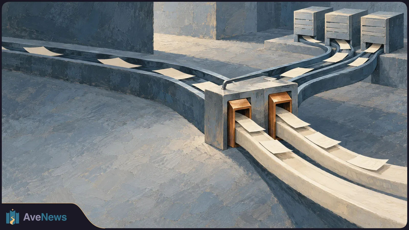Illustration of paper sheets traveling along branching channels between three gray boxes and a larger two-opening unit. SI illustration