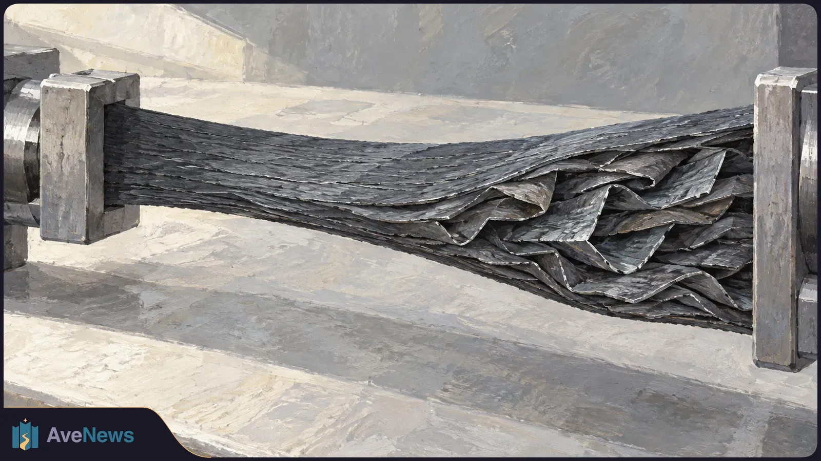 Painted close-up of a dark, layered film stretched between two metal clamps, with folded flakes visible along one side. SI illustration