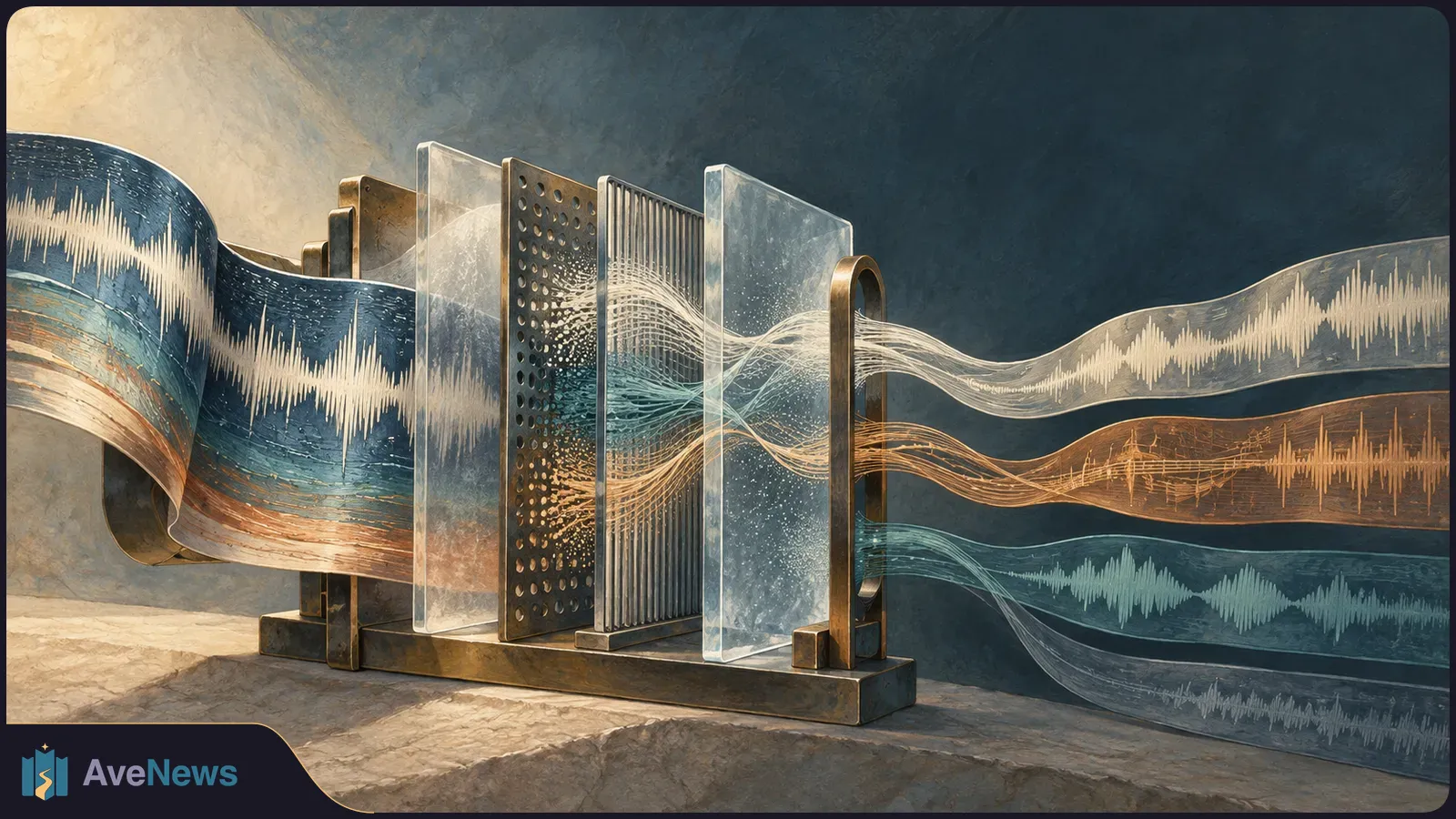Illustration of waveform-covered ribbons passing through layered glass and perforated metal plates, then separating into pale, amber and teal streams. SI illustration