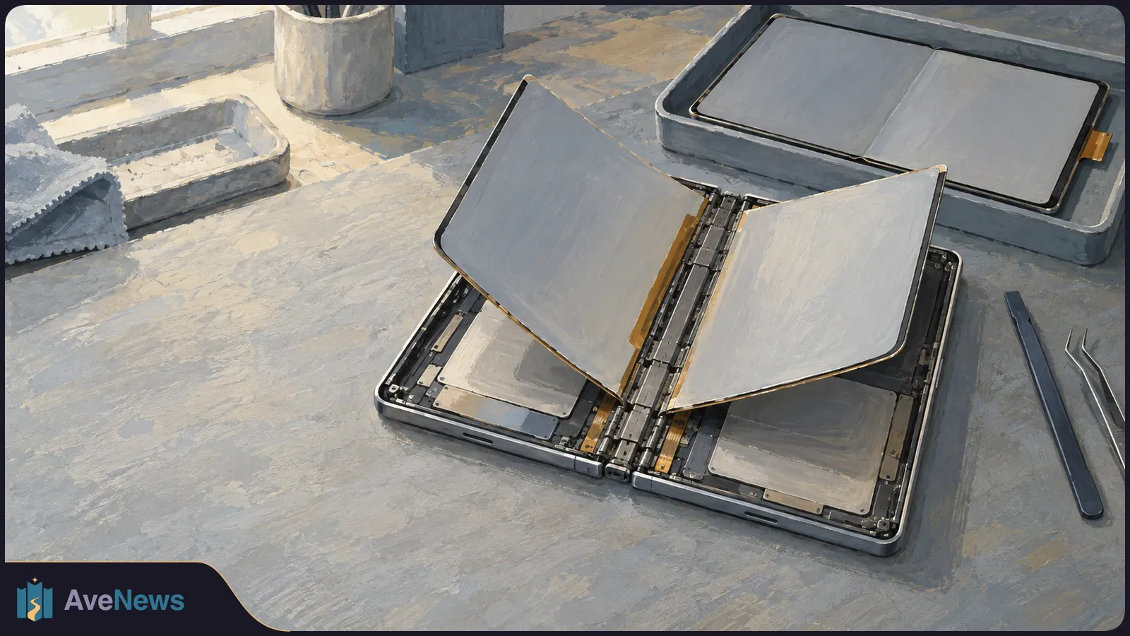Painted illustration of a foldable phone opened on a workbench, with two blank panels raised over exposed components. Another panel sits in a tray beside repair tools. SI illustration