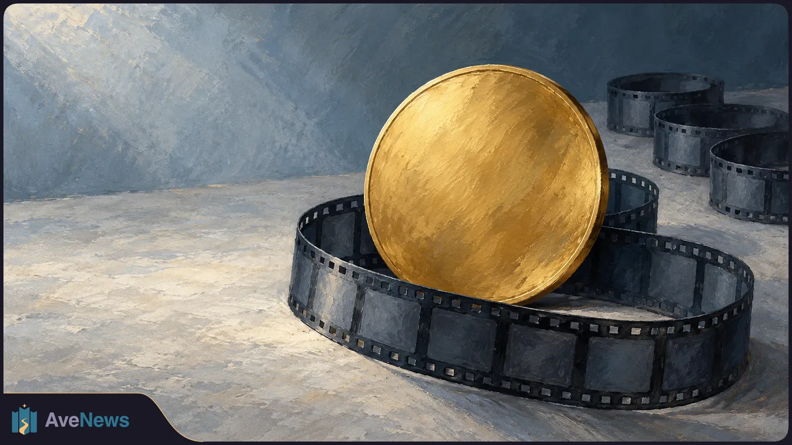 Painted illustration of a large gold disc standing among loops of dark filmstrip on a gray surface, with more film loops in the background. SI illustration