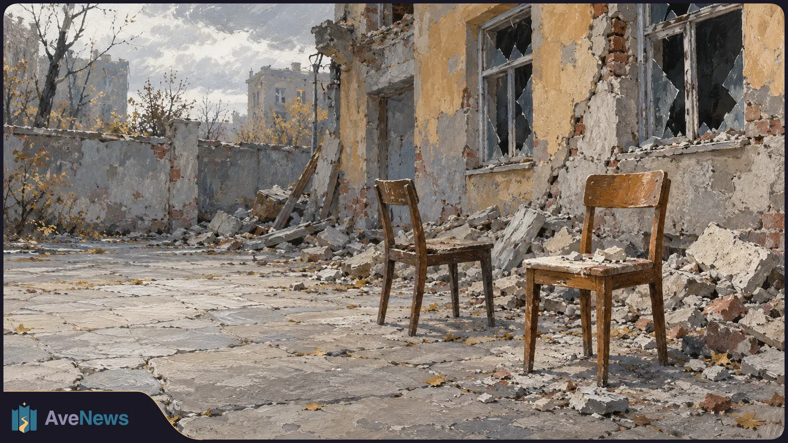 Illustration of two empty wooden chairs in a cracked courtyard beside a damaged building with broken windows and piles of rubble. SI illustration
