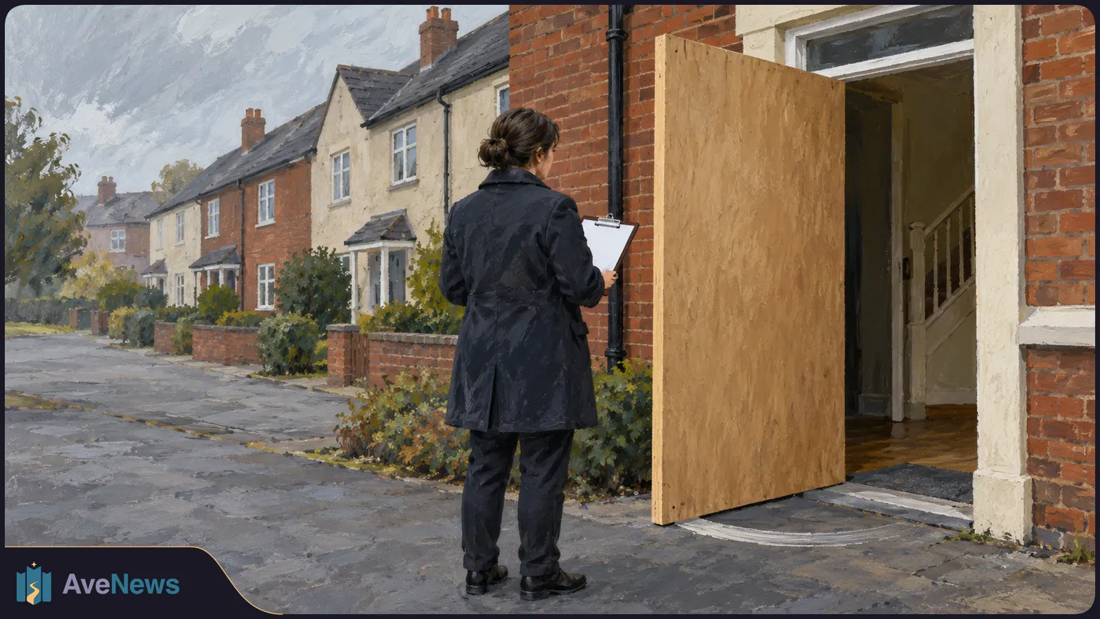 Illustration of a woman holding a clipboard outside a brick house with a large plywood door swung open. A staircase is visible inside, and terraced houses line the street. SI illustration