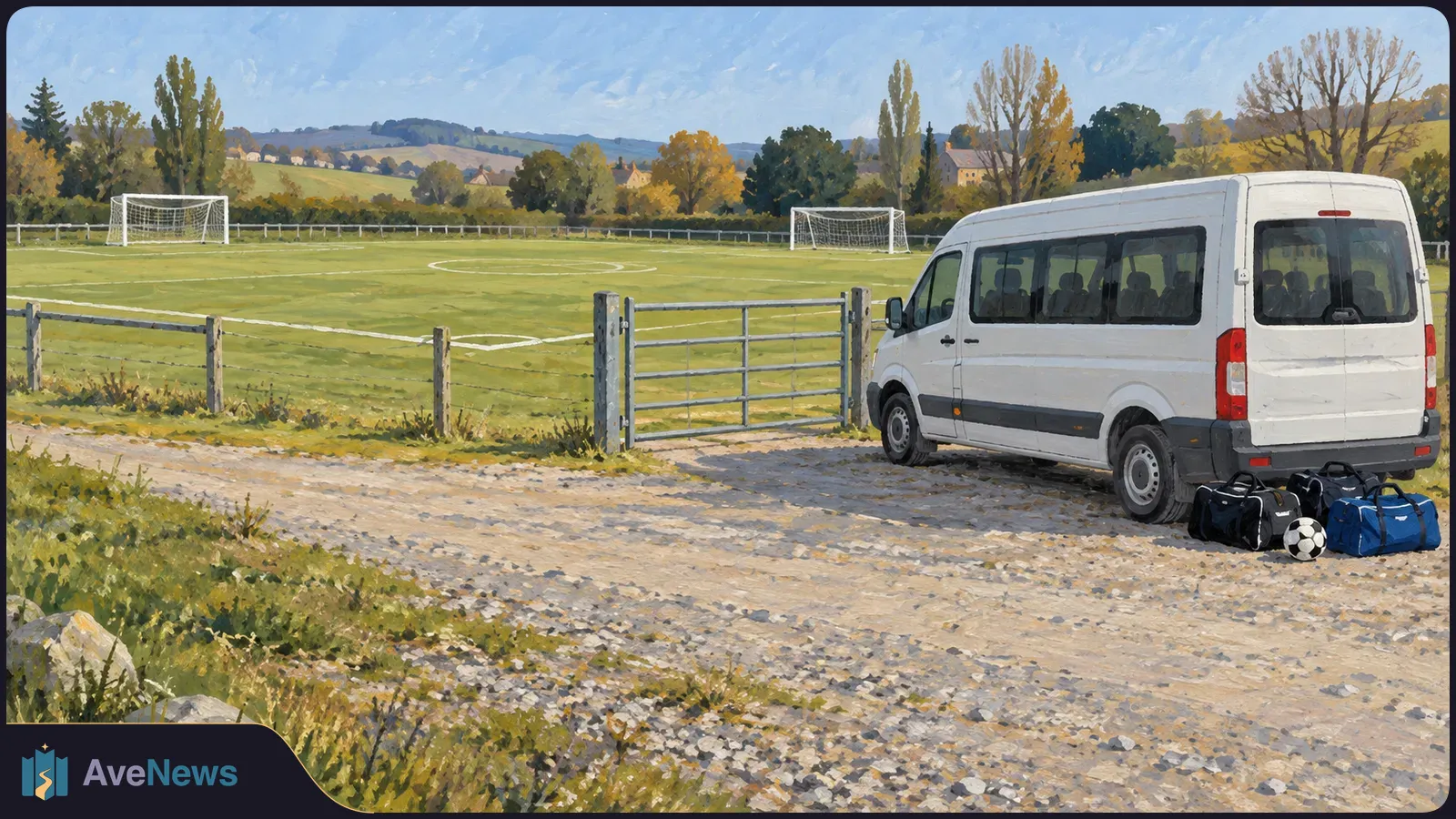 Painted scene of a white minibus beside a fenced football field, with sports bags and a ball on the ground. Goals, trees and hills are in the background. SI illustration