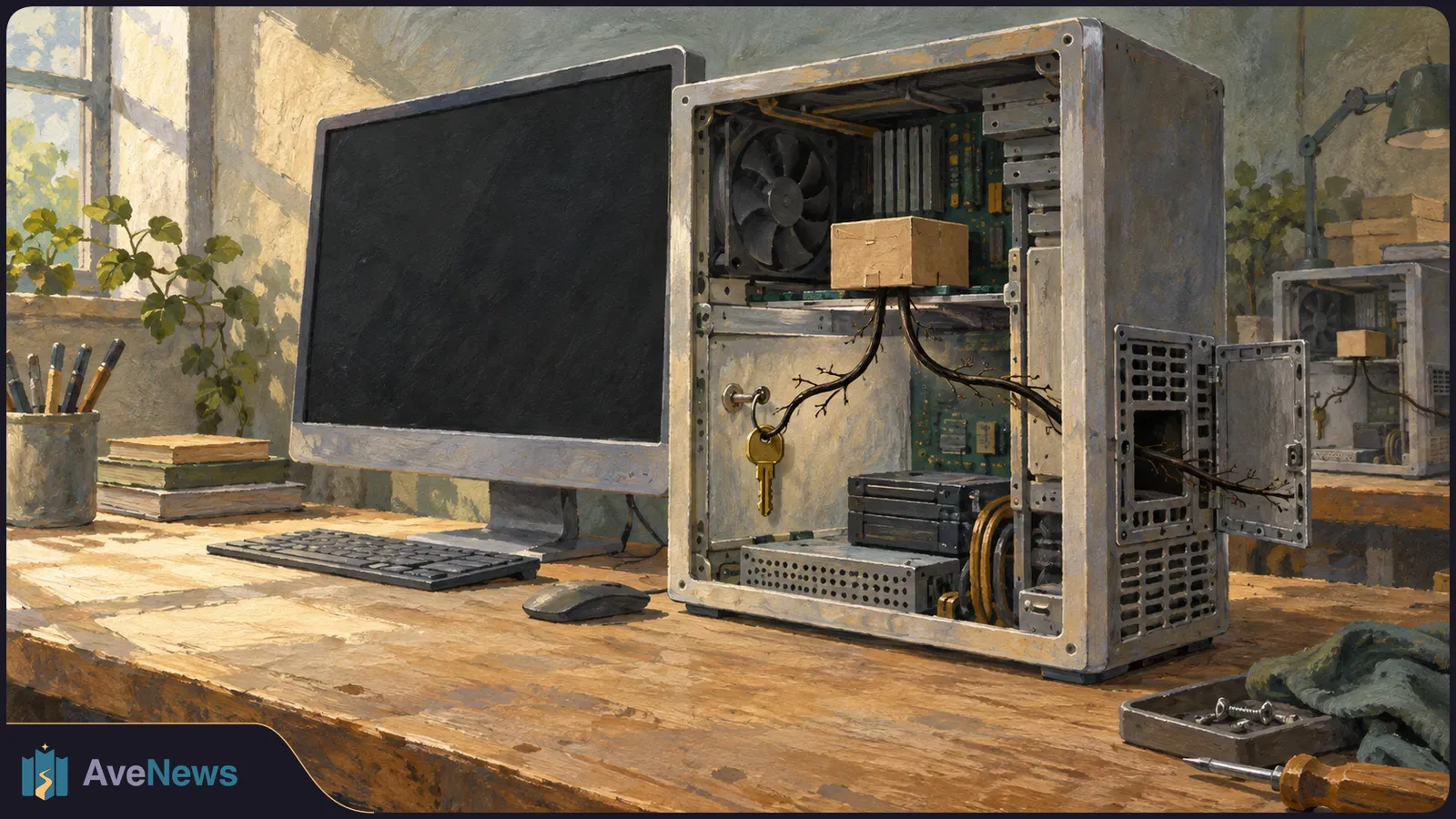 Painted scene of an open desktop computer on a wooden workbench. A small cardboard box sits among its components, with branching wires and a dangling key; the nearby monitor is dark. SI illustration