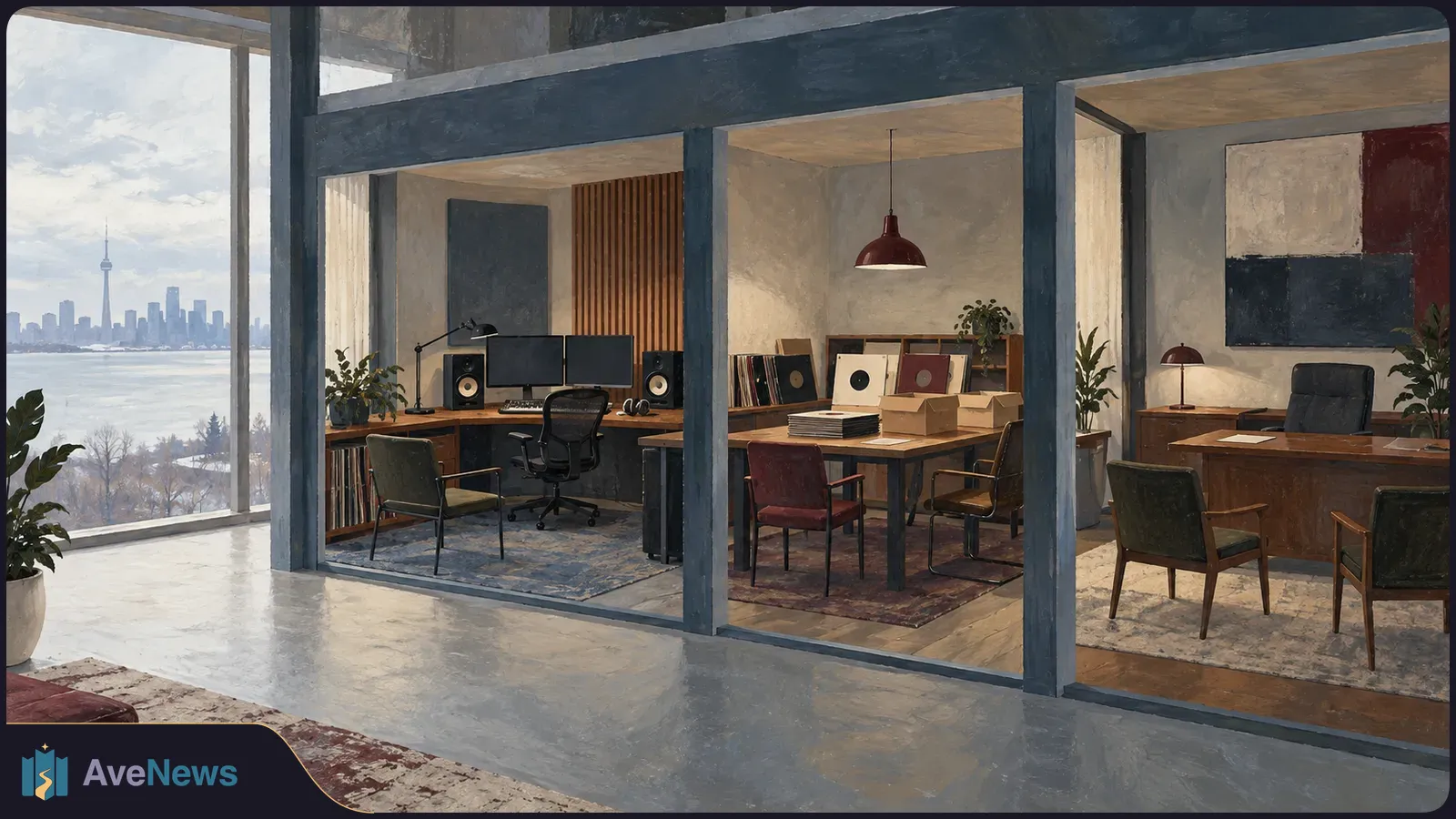 Painted view of several empty music-office rooms with desks, studio speakers, vinyl records and chairs, beside windows overlooking a waterfront skyline and tower. SI illustration