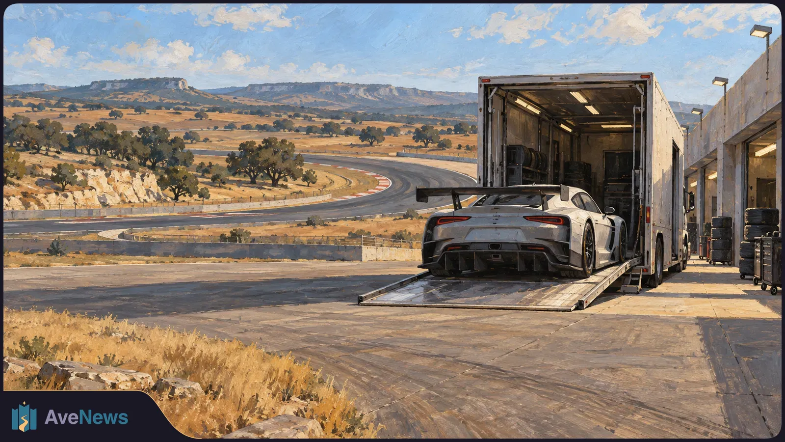 Painted scene of a silver race car on the ramp of an open transporter beside a curving racetrack, with dry fields and low hills beyond. SI illustration