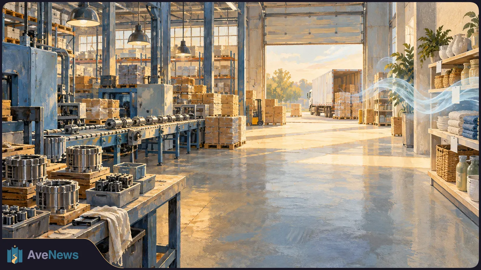 Illustrated warehouse with conveyor machinery, stacked boxes and a truck at the loading bay; shelves of household goods and a translucent blue ribbon appear at right. SI illustration