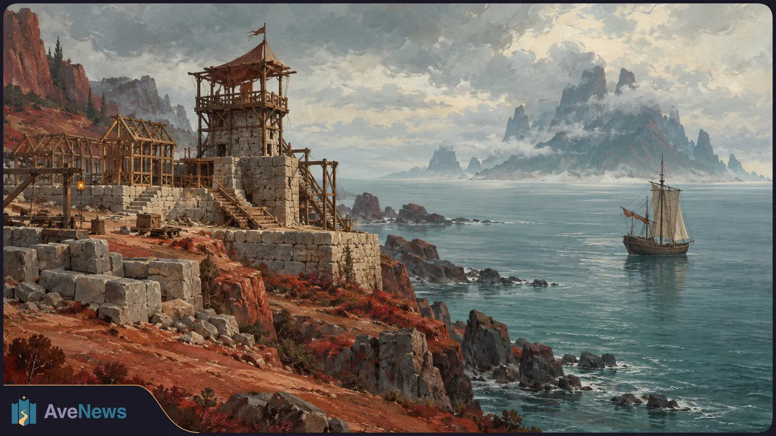 Painted coastal scene with a stone watchtower under construction, wooden building frames, a sailboat offshore, and misty mountains across the sea. SI illustration