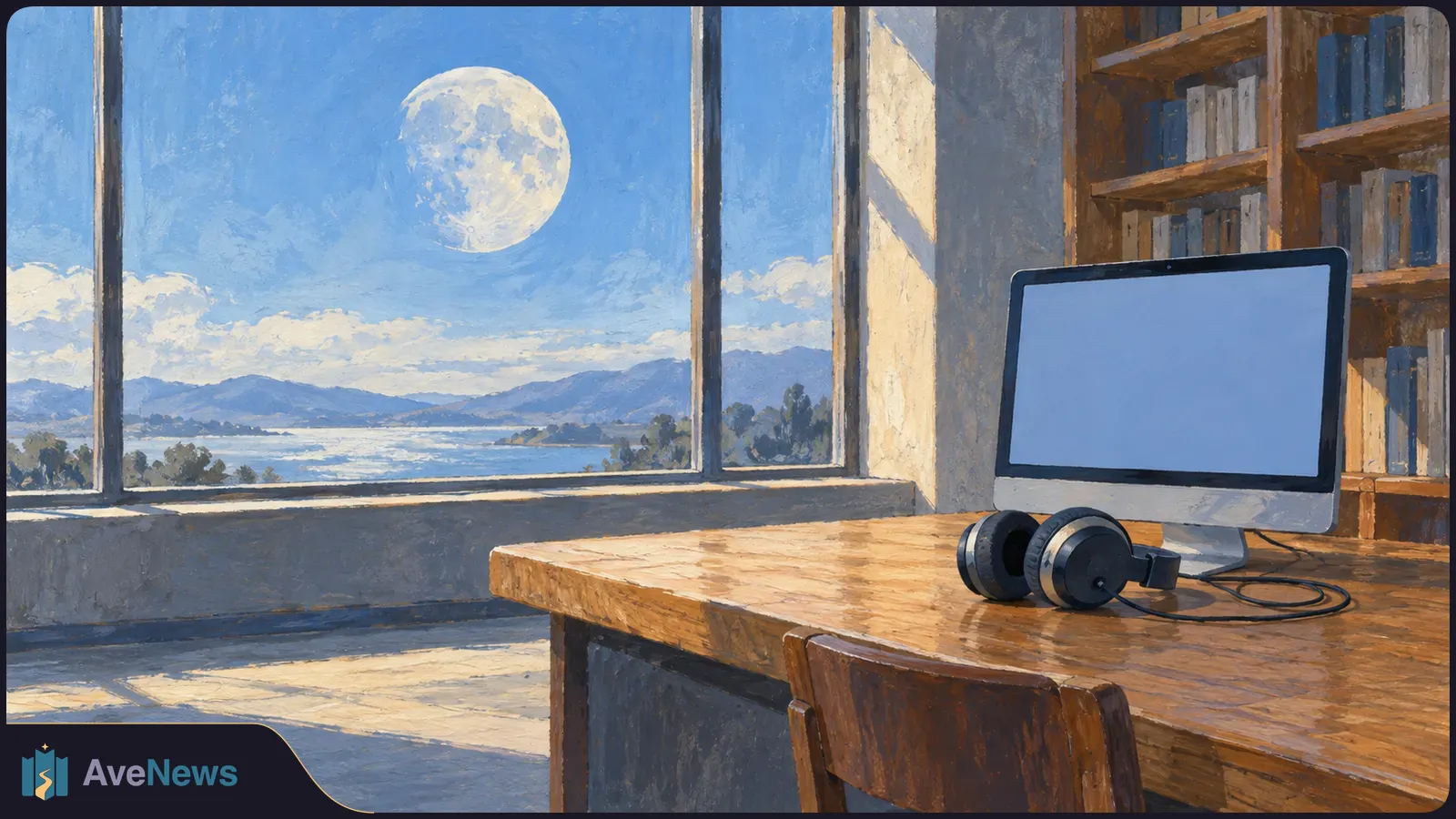 Painted room with headphones beside a blank computer screen; a large moon hangs above a lake and mountains outside the window. SI illustration