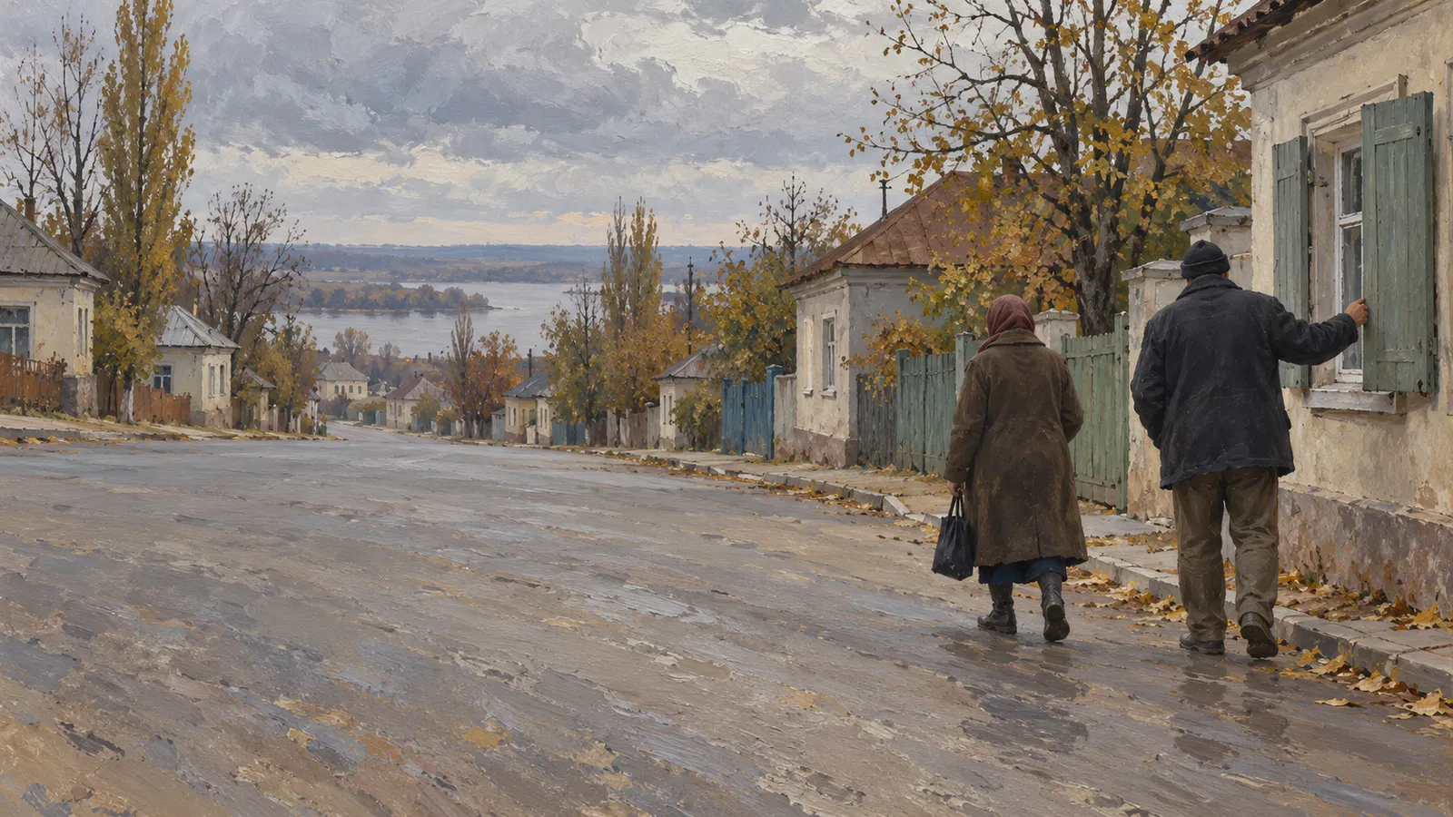 A painterly view down an autumn street toward water, with small houses and two people seen from behind; one reaches toward a green window shutter. SI illustration