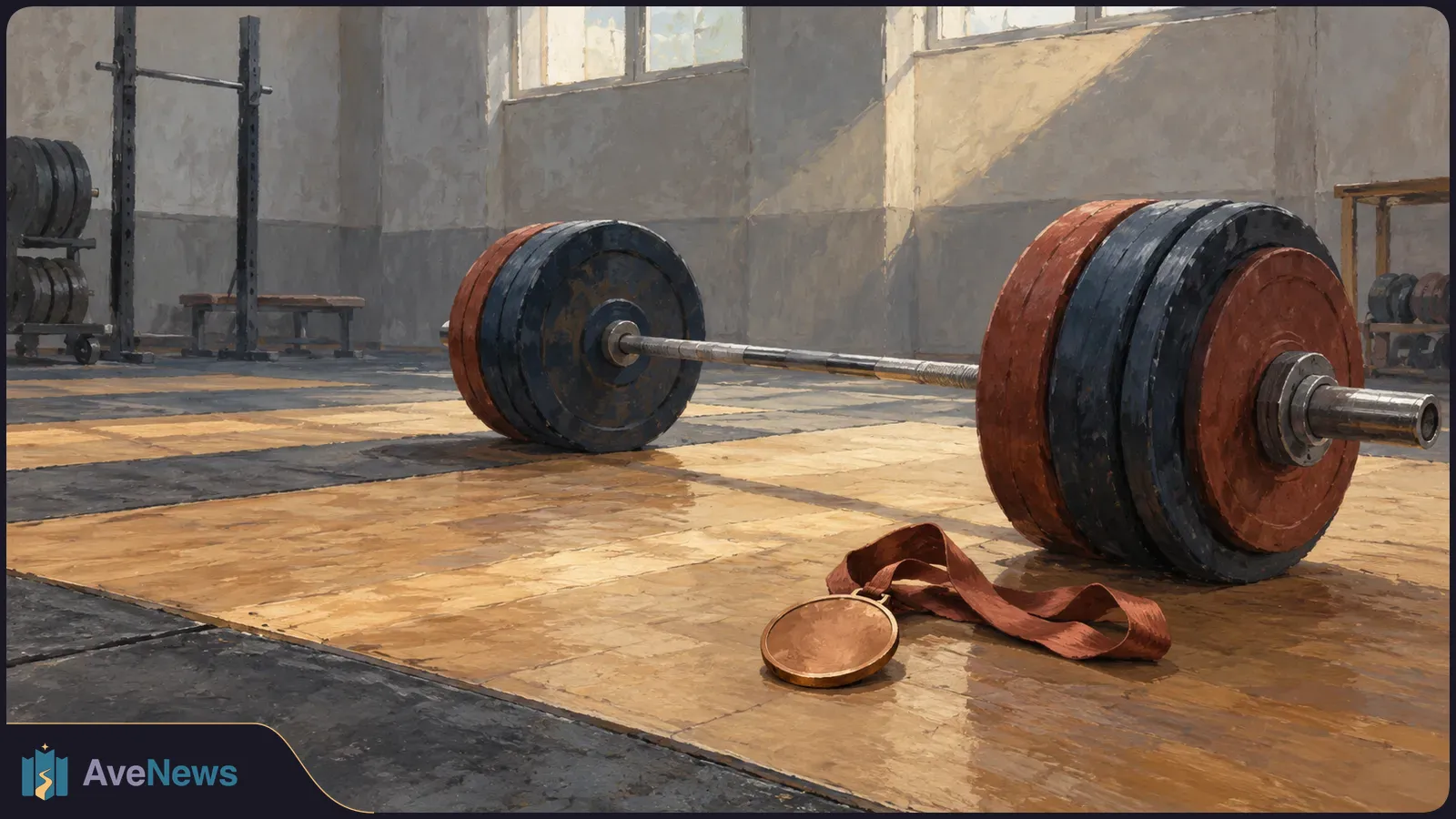 A heavily loaded barbell rests on a wooden platform in a sunlit gym, with a bronze-colored medal and ribbon in the foreground. SI illustration