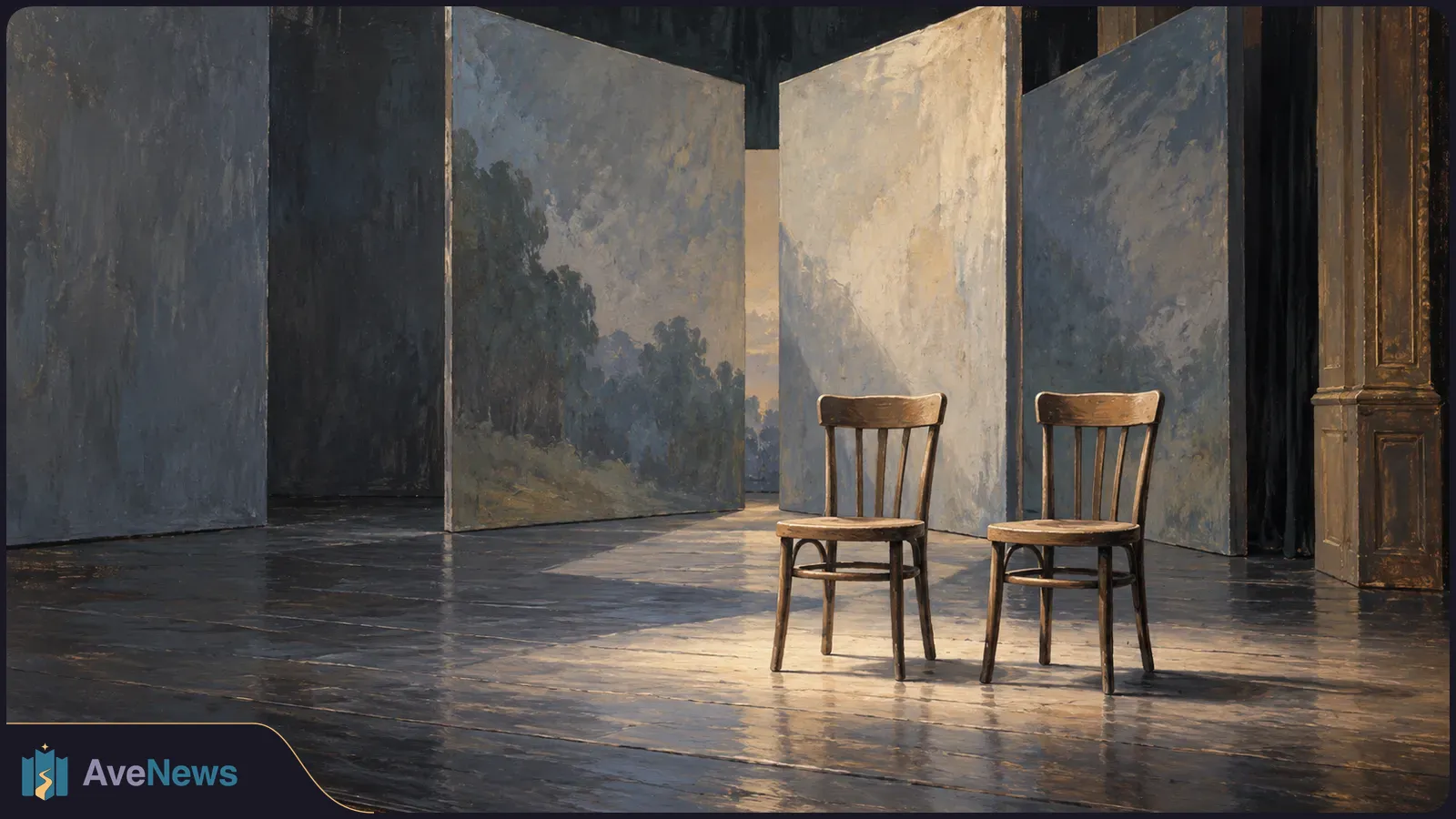 Two wooden chairs stand on a dark stage before tall painted panels, with warm light falling across the floor. SI illustration