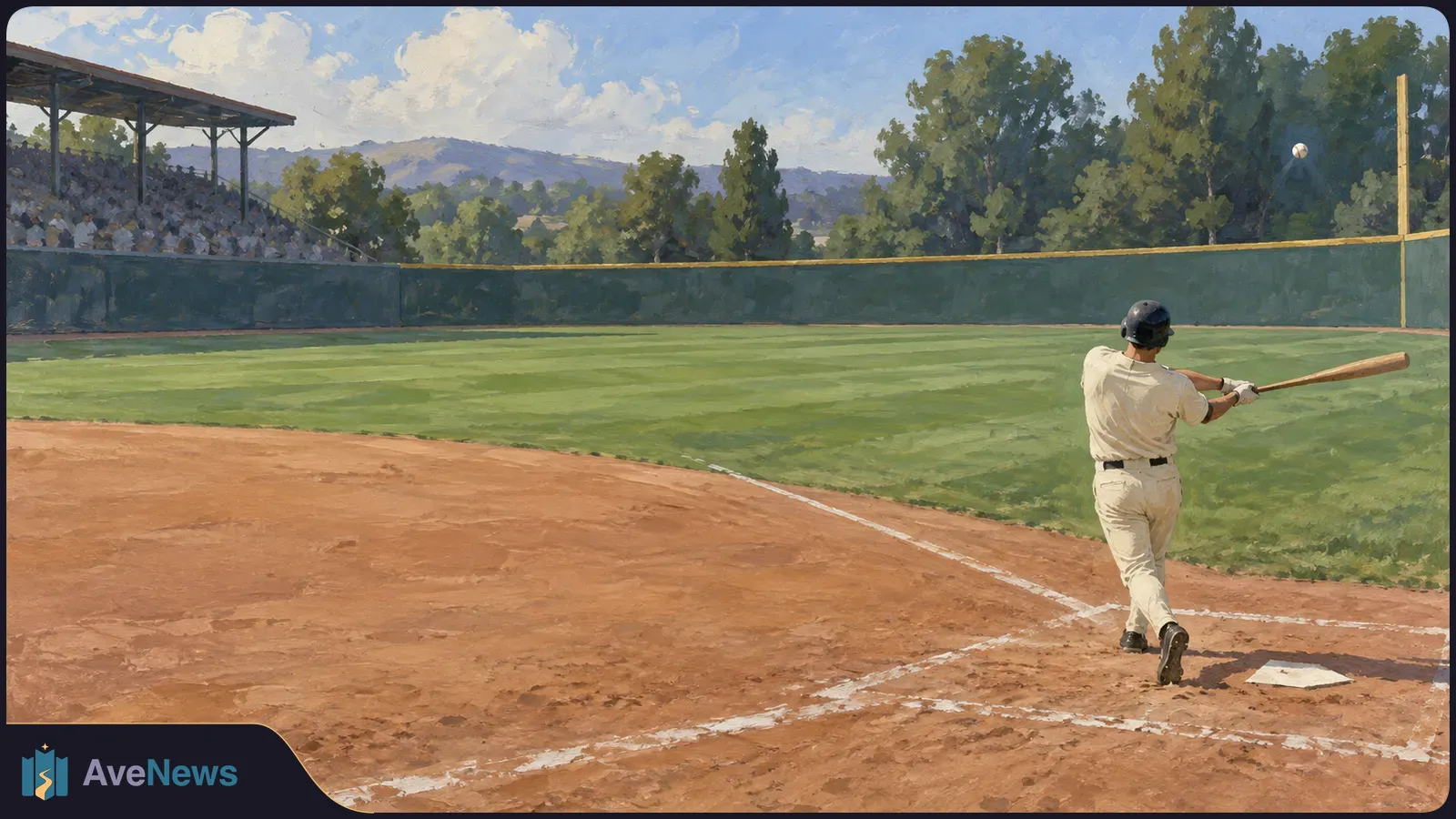 Painted baseball scene: a helmeted batter in a light uniform follows through near home plate as a ball flies toward the outfield; spectators sit in a shaded stand. SI illustration