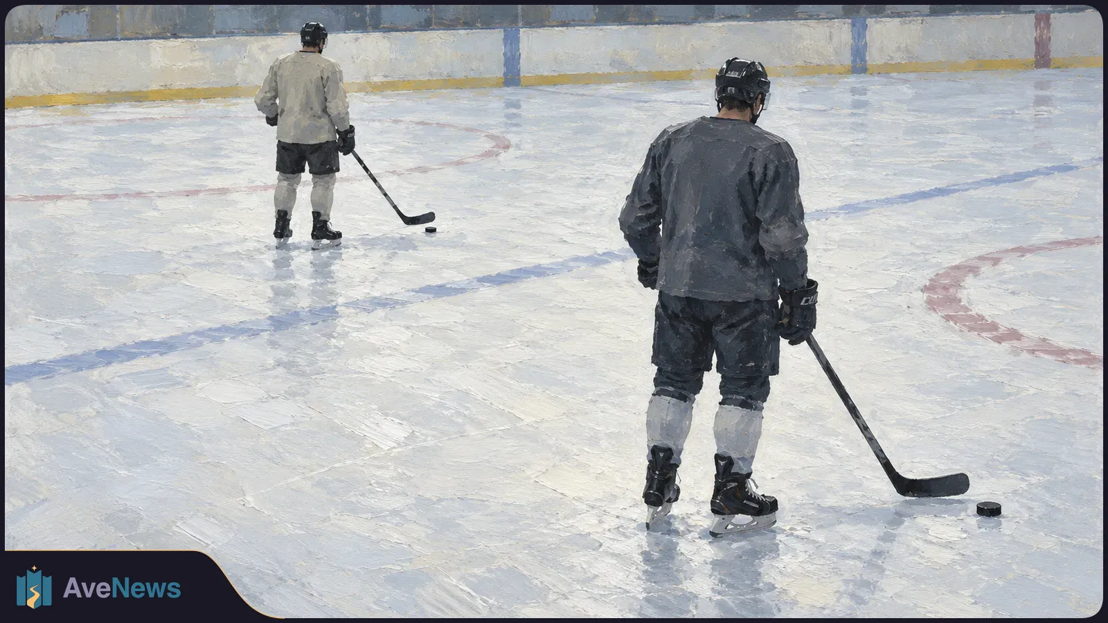 Painterly illustration of two hockey players seen from behind on an ice rink, each holding a stick near a puck. SI illustration