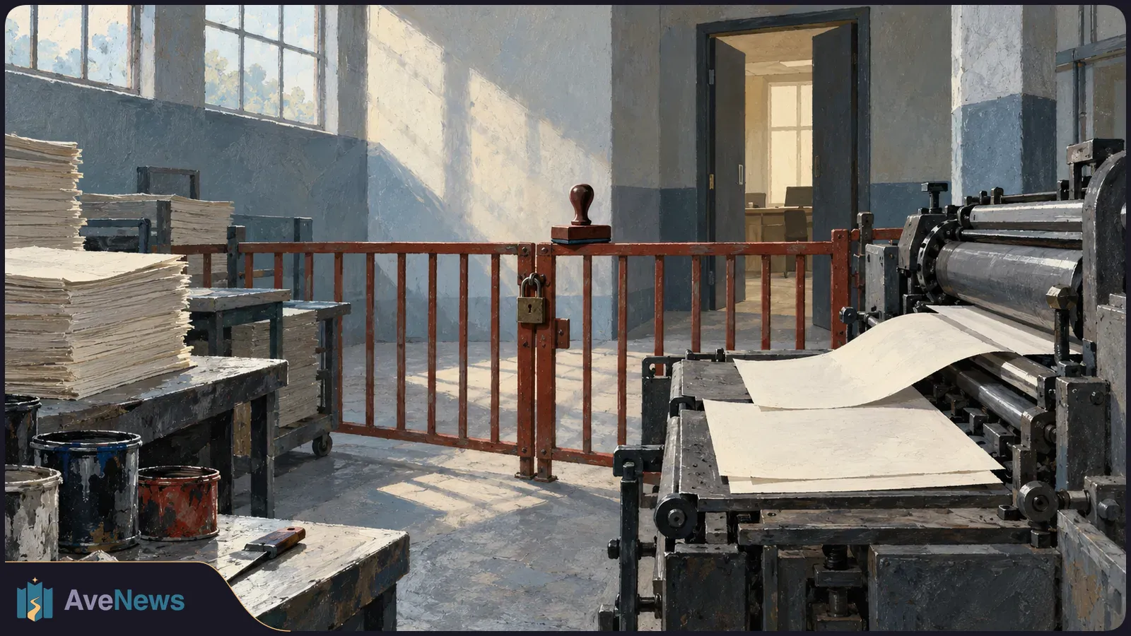 Painted print room with stacks of paper, blank sheets in a printing press, and a padlocked gate topped by a rubber stamp. SI illustration