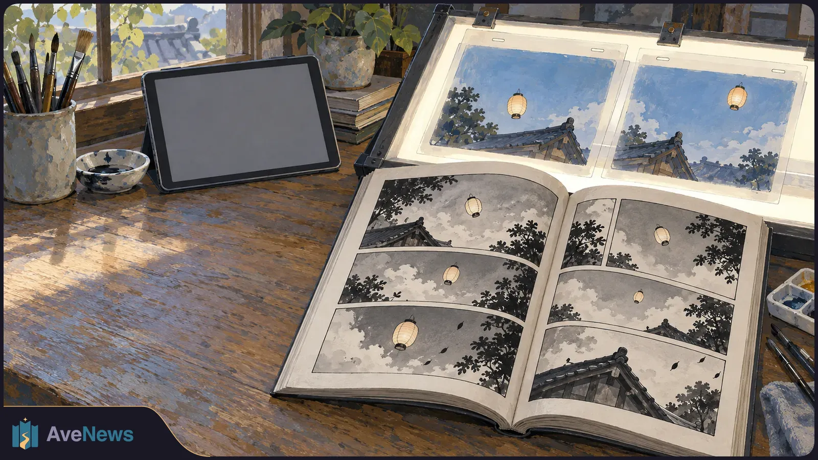 An illustrated worktable holds an open manga book with black-and-white lantern scenes, two colored versions on a board, a blank tablet, brushes and paints. SI illustration