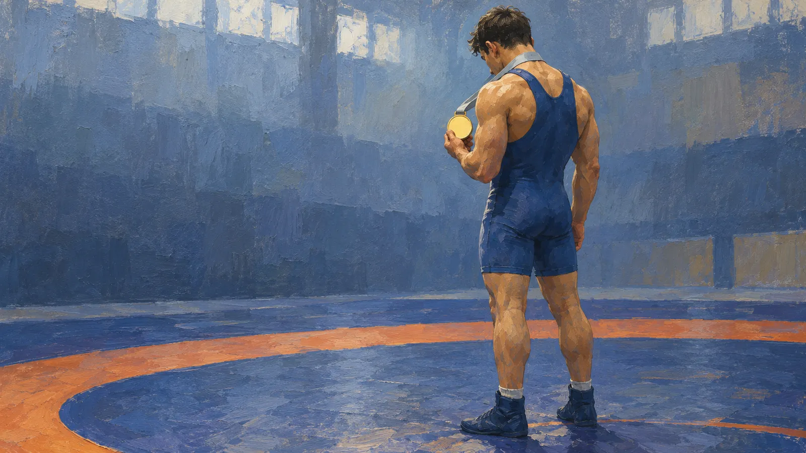 A painted illustration of a wrestler in a blue singlet, seen from behind, holding a gold-colored medal on a blue and orange mat. SI illustration
