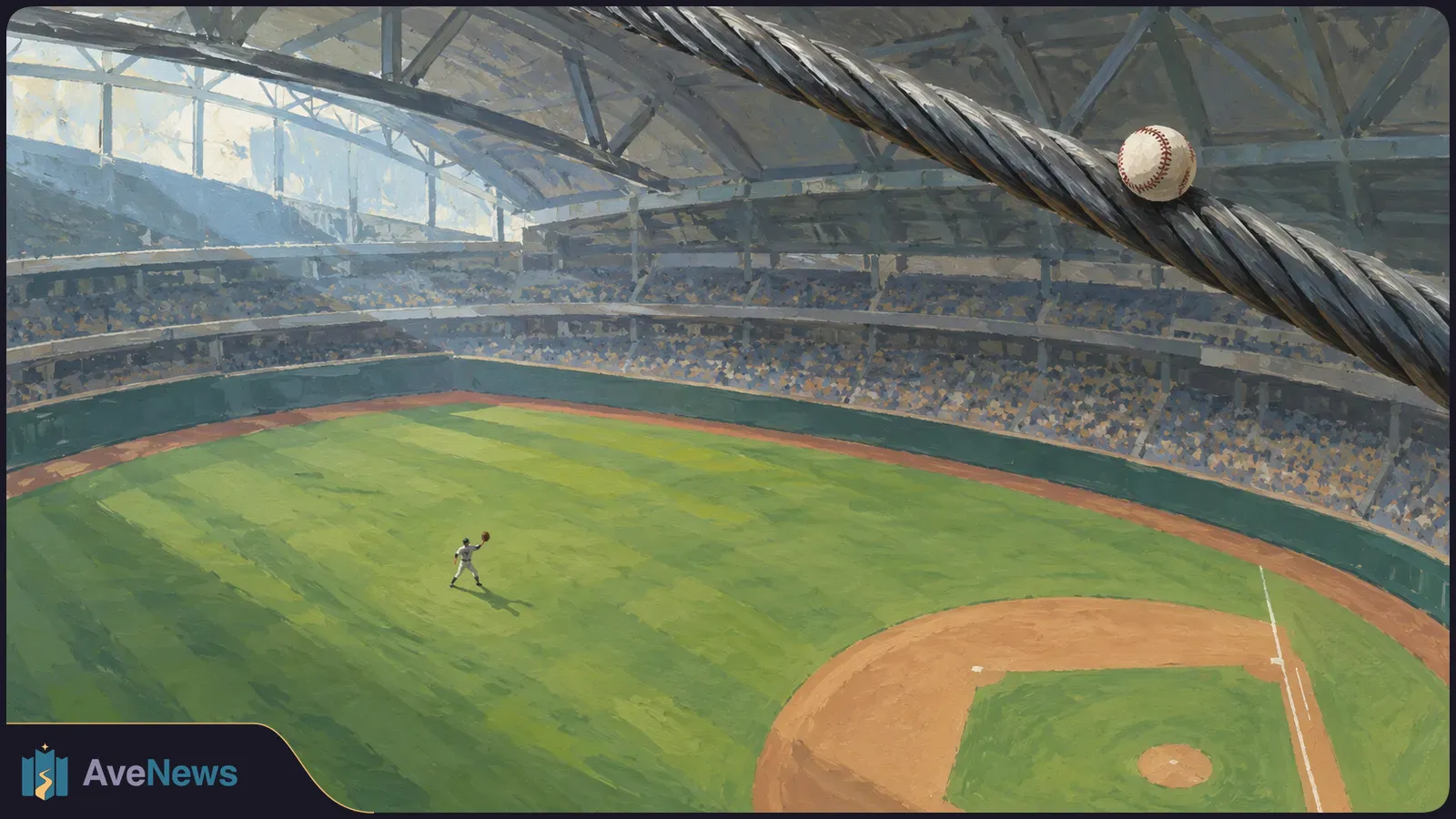 Painted view of a baseball stadium, with a ball beside a roof cable overhead and a lone fielder on the grass below. SI illustration