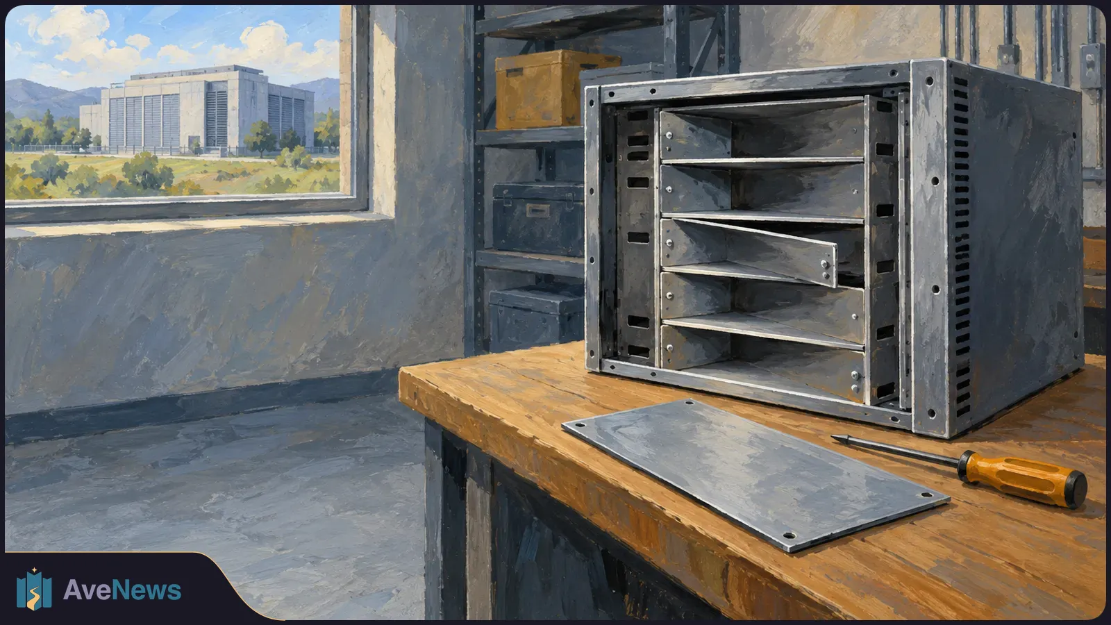 An open metal equipment cabinet sits on a wooden workbench beside its removed panel and a screwdriver. A large building is visible through the window. SI illustration