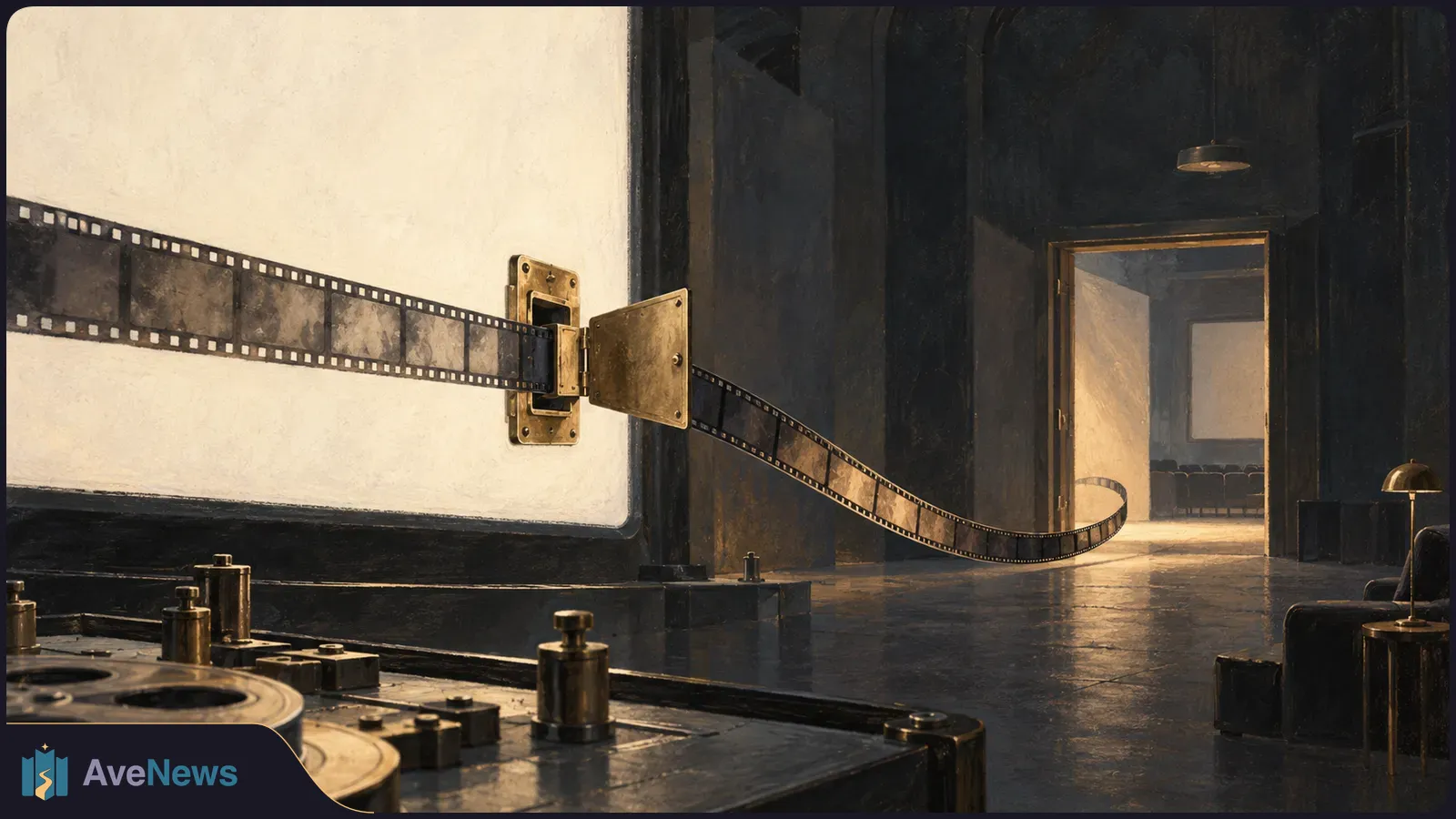 An illustrated film strip runs across a blank cinema screen, through an open metal hatch and toward a lit doorway; film reels sit in the foreground. SI illustration