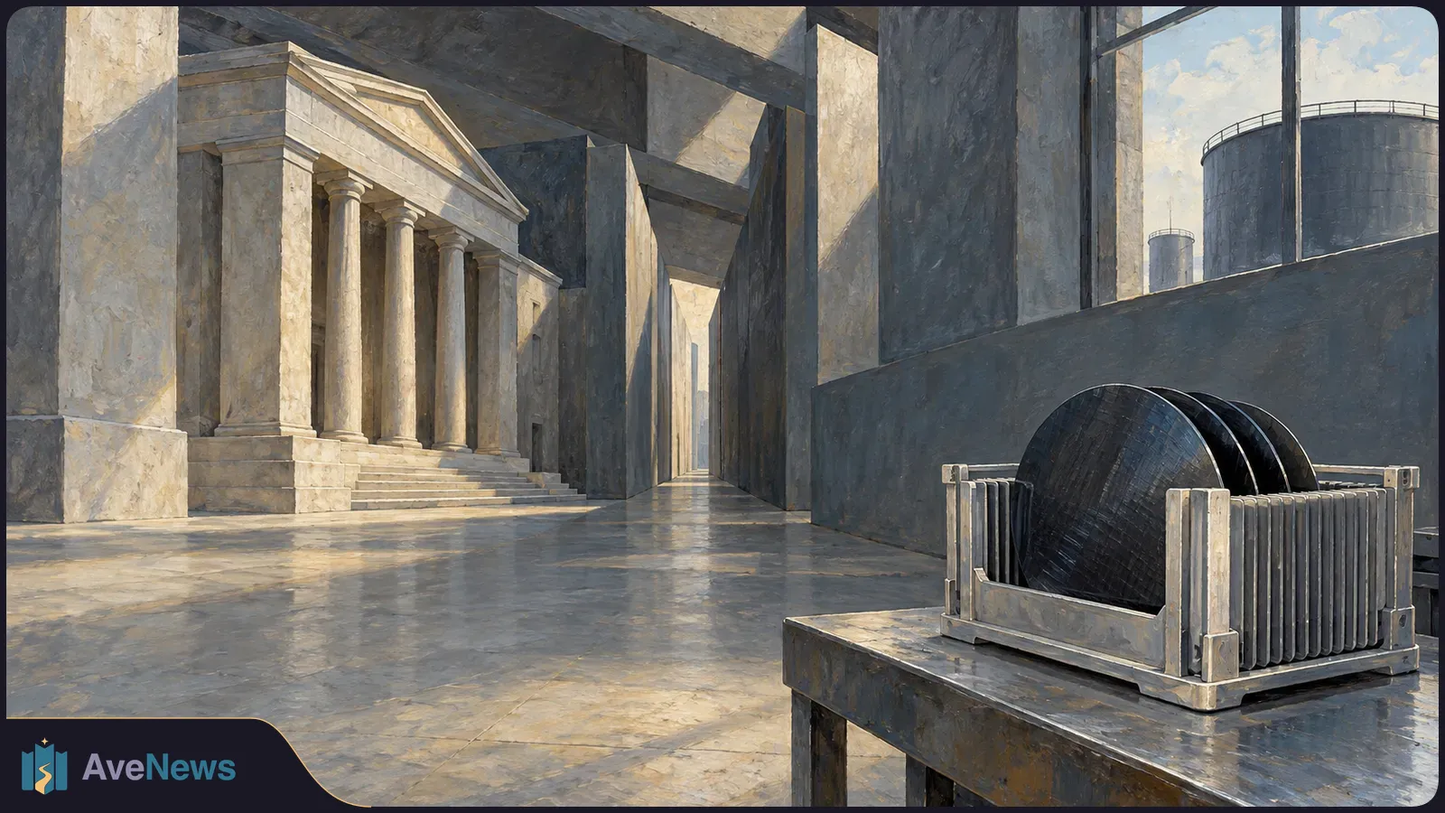 Dark circular wafers in a rack sit on a table beside a stone corridor with a columned facade; large storage tanks are visible through a window. SI illustration