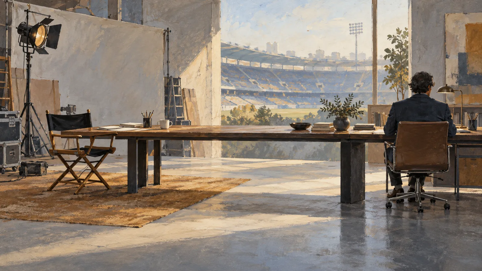 A painted scene of a person seated at a long desk overlooking a stadium, with a studio light, camera and director’s chair on the left. SI illustration