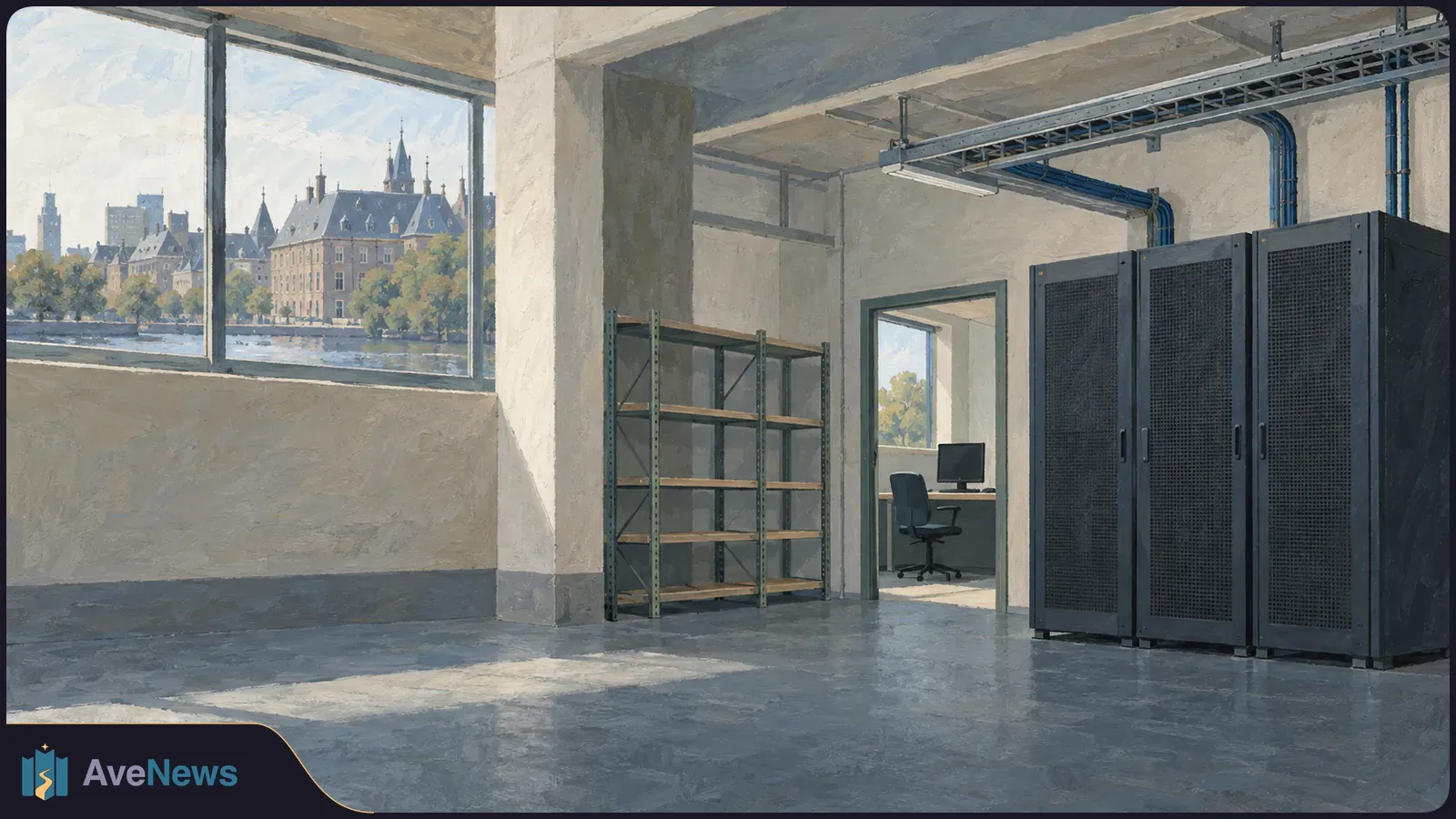 A painted, sunlit room with three dark server cabinets, empty shelves, and a doorway to a desk. Stone buildings are visible through a large window. SI illustration