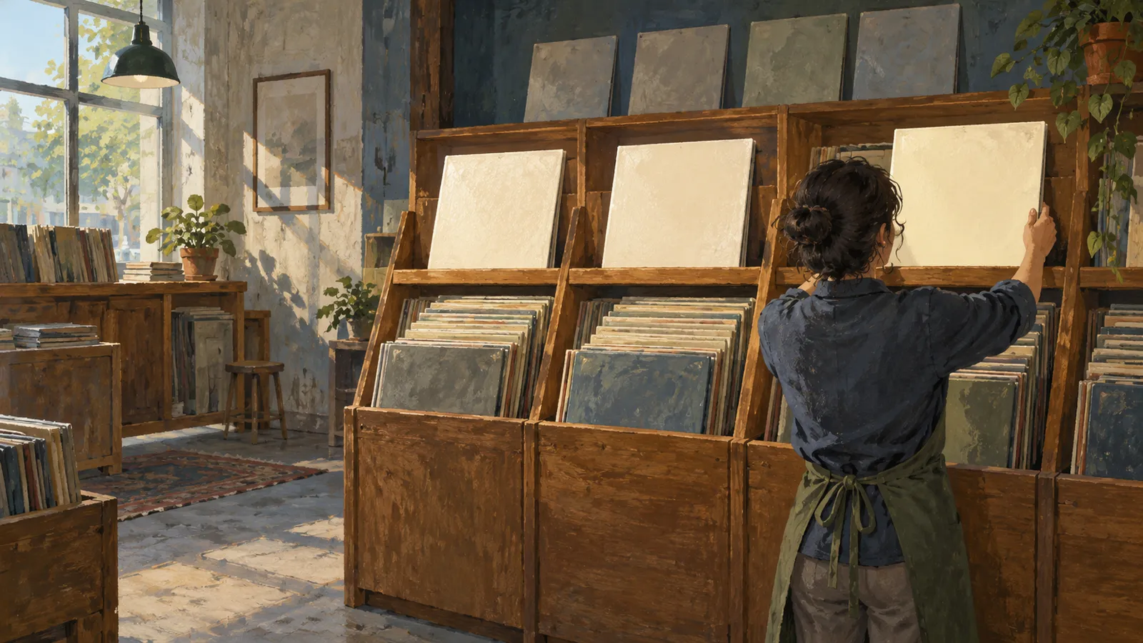 Illustration of a person in an apron arranging a blank square sleeve on wooden shelves filled with records in a sunlit room. SI illustration