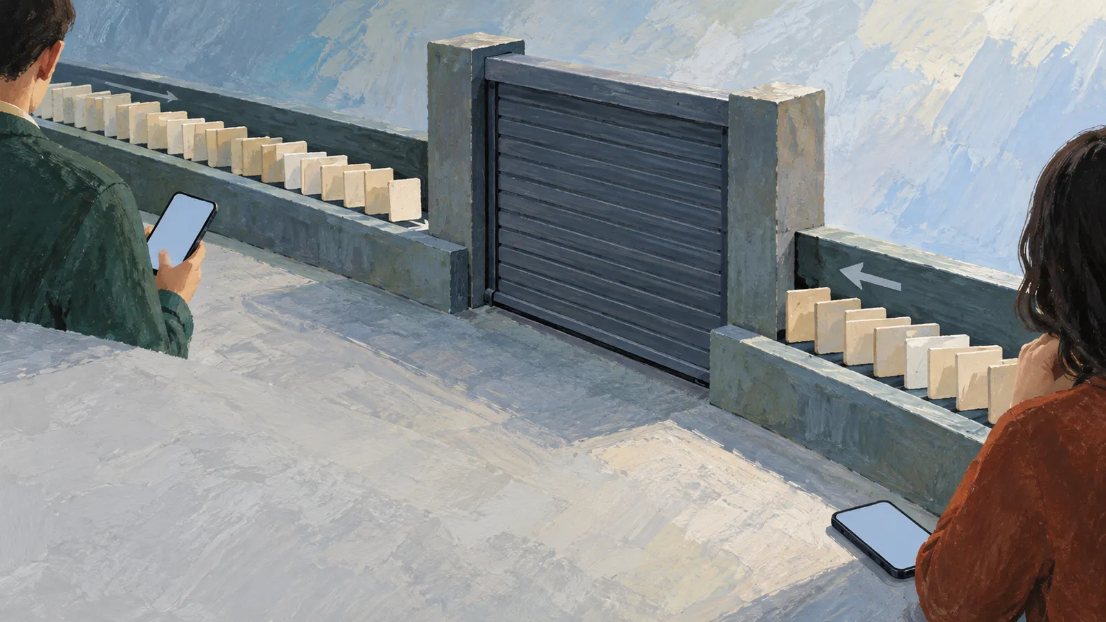 An illustration shows two people with phones beside rows of cream-colored blocks facing a closed gray shutter, with arrows pointing toward it. SI illustration
