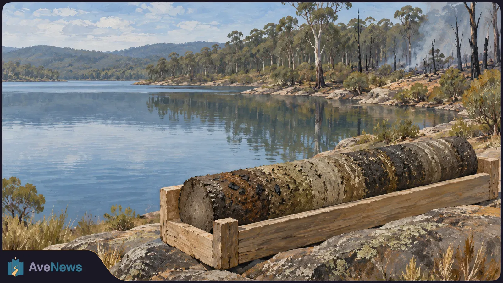 Painted lakeshore with a mottled cylindrical sample in a wooden cradle; smoke rises among blackened trees on the far shore. SI illustration