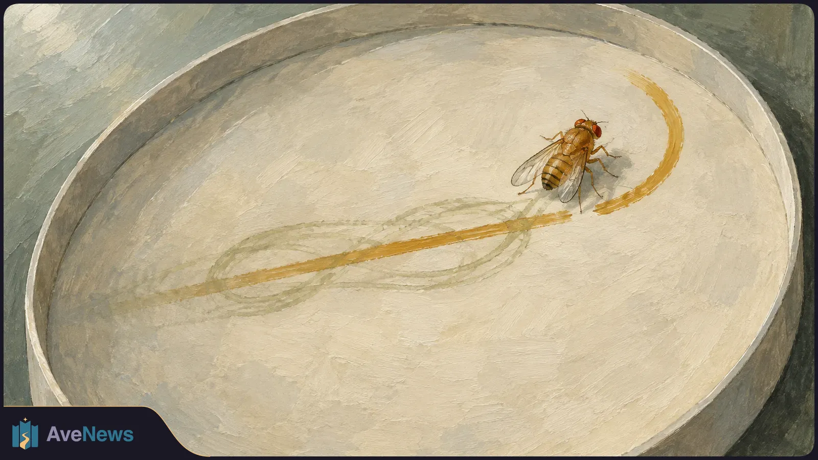 A painted fruit fly rests on a pale circular dish beside a curved golden line and a faint looping trail. SI illustration