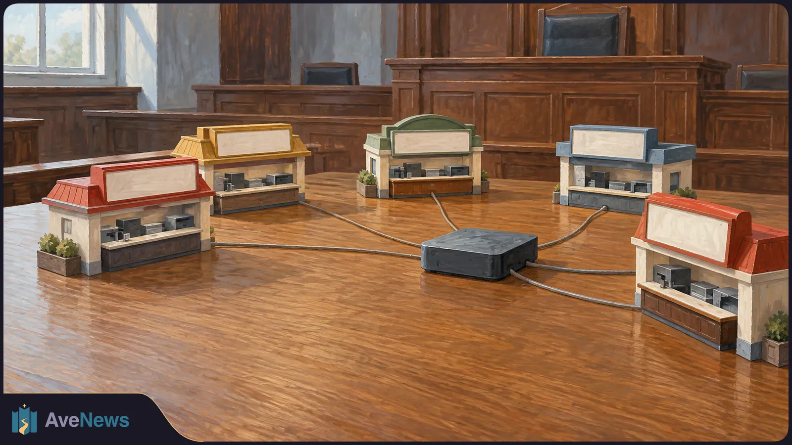 Painted courtroom scene with five miniature restaurant storefronts on a table, each connected by a cable to a central black box. SI illustration