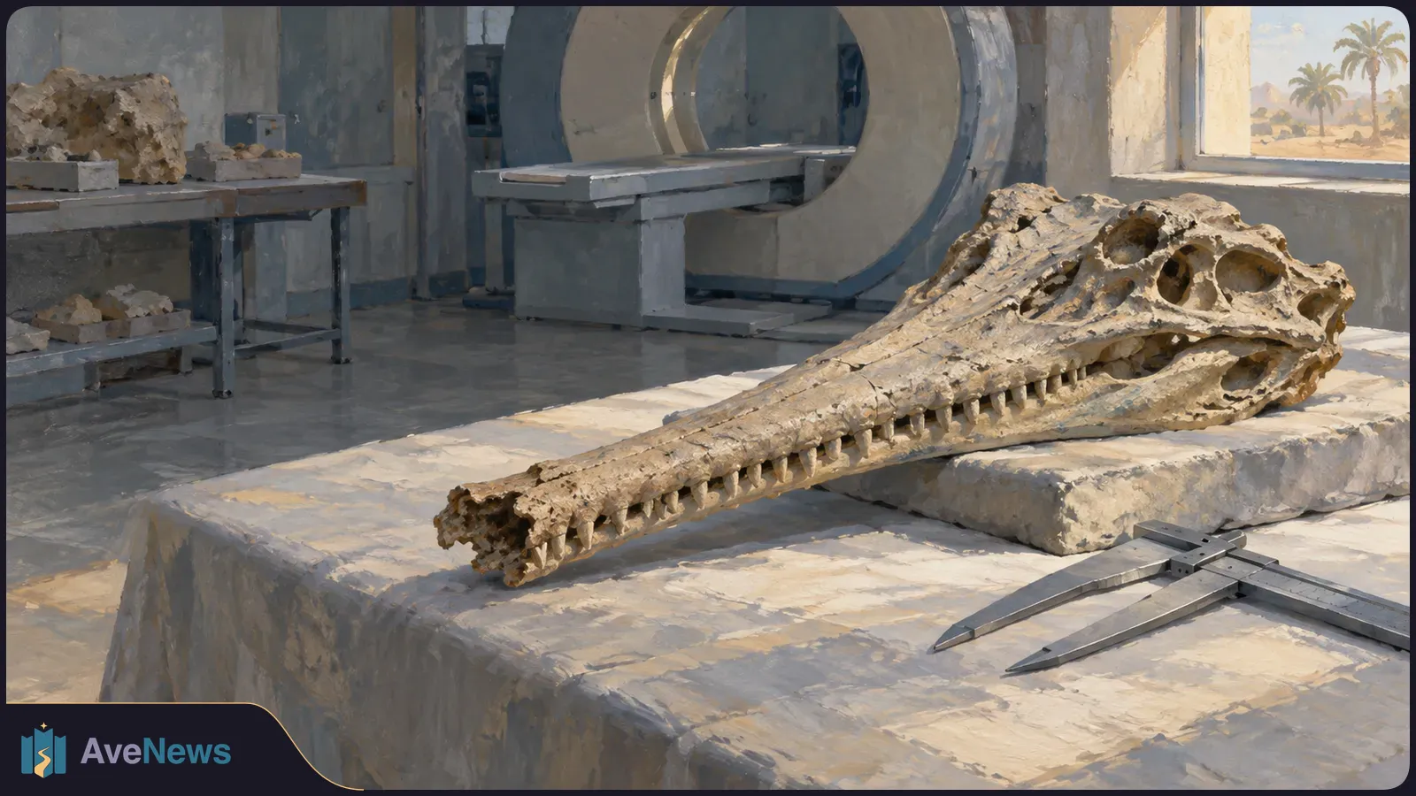 A painted scene shows a long, narrow crocodilian fossil skull with a broken snout tip on a lab table, beside calipers and a large circular scanner. SI illustration